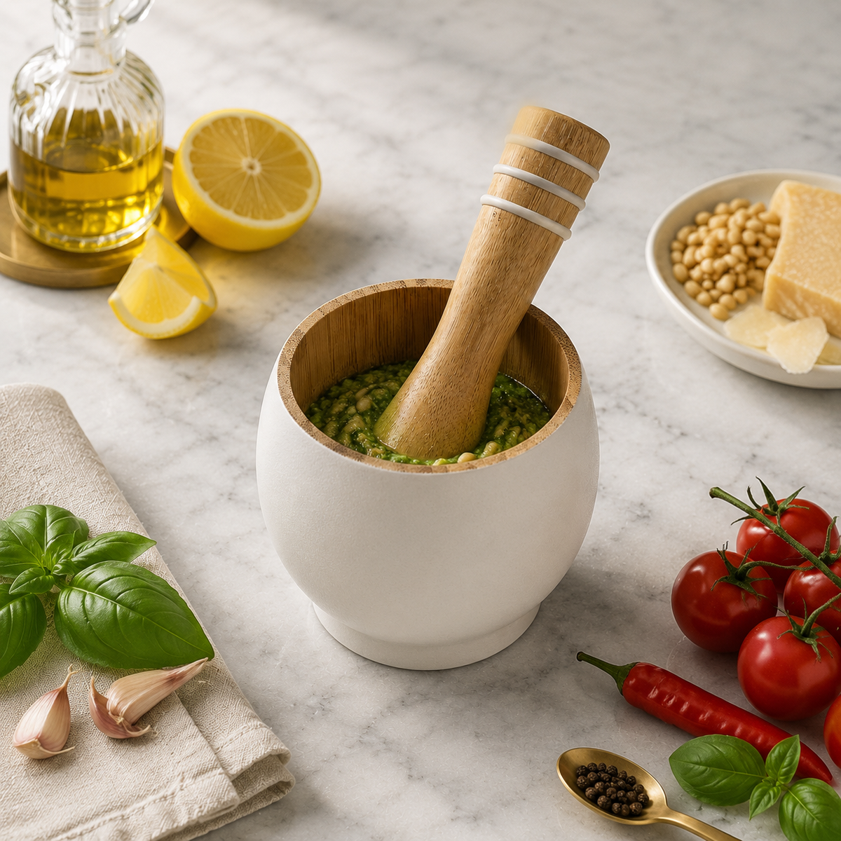 Bamboo Mortar and Pestle Set, White