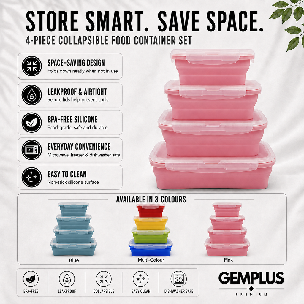 4-Piece Collapsible Silicone Food Containers, Pink