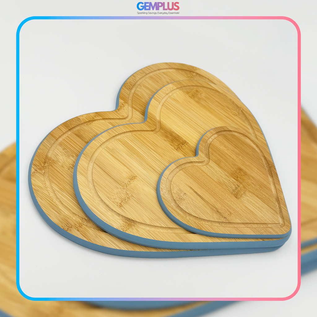 GEM+ | Heart Shaped Bamboo Chopping Boards Set of 3 Blue Trim with Stand – Wooden Kitchen Boards
