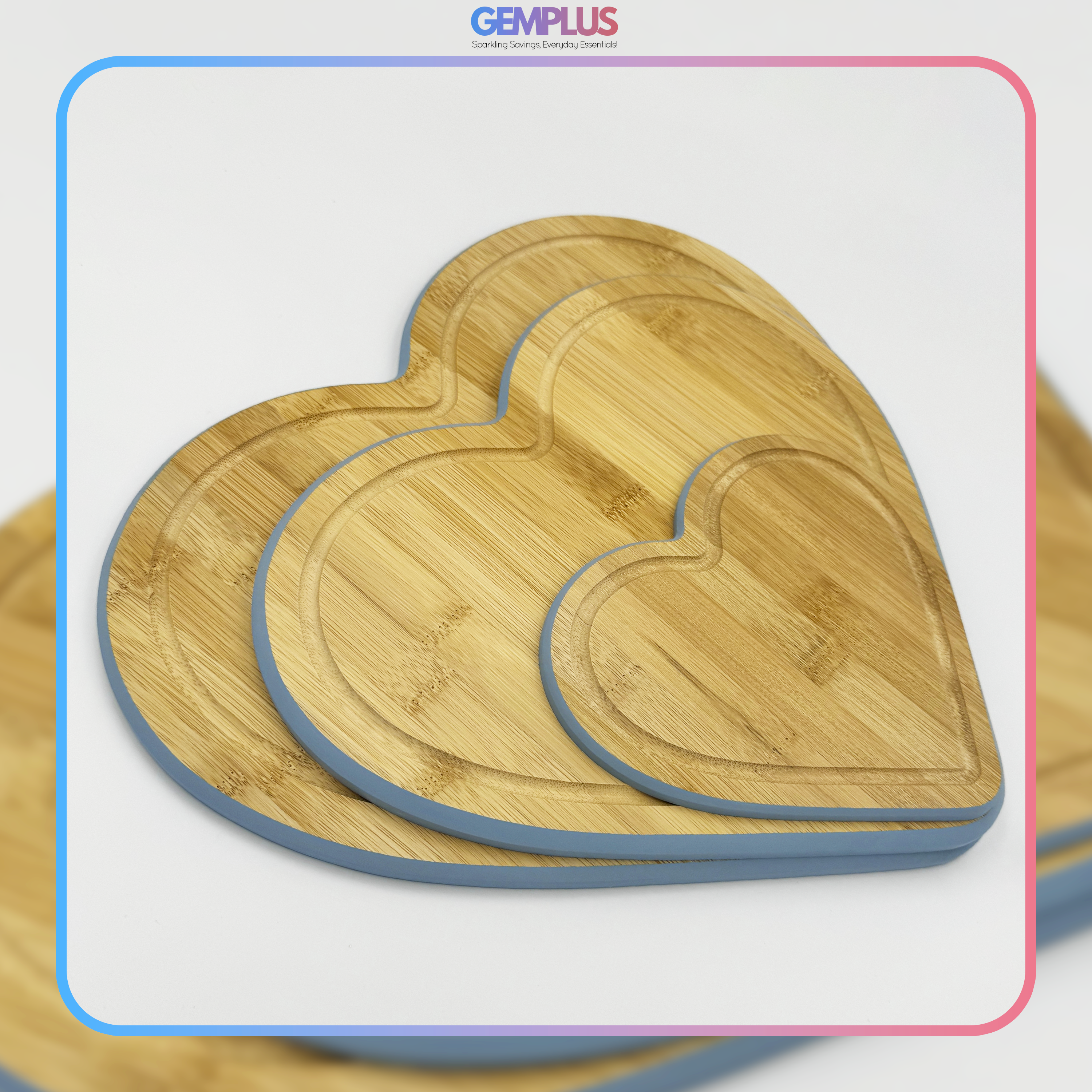 GEM+ | Heart Shaped Bamboo Chopping Boards Set of 3 Blue Trim with Stand – Wooden Kitchen Boards