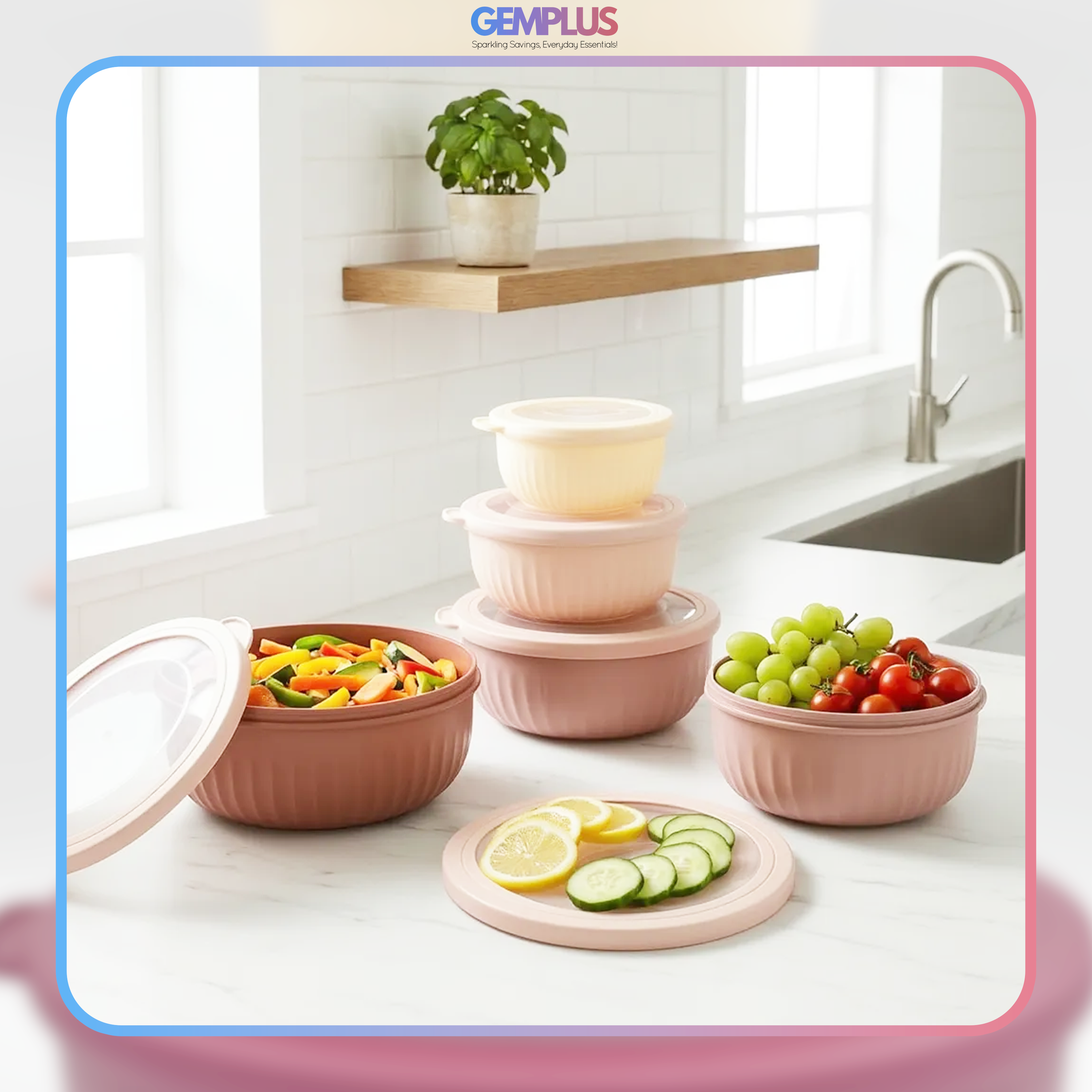 GEM+ | Food Storage Containers Set of 4 Pink – Airtight Meal Prep Bowls with Lids