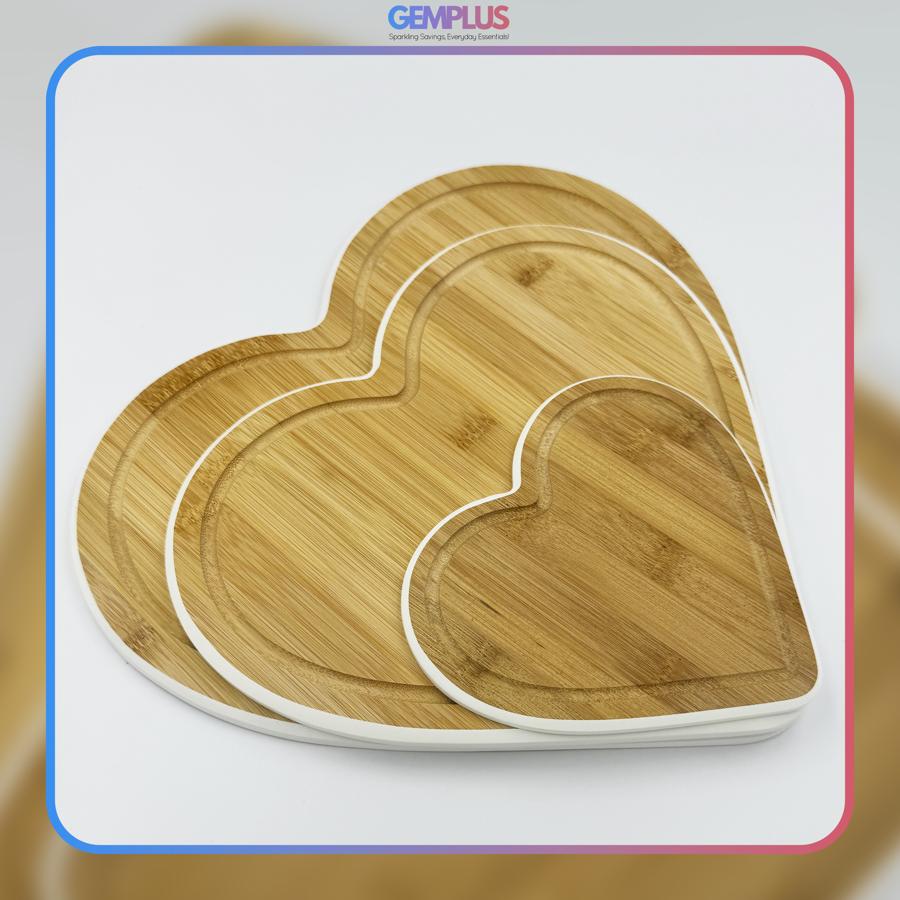 GEM+ | Heart Shaped Bamboo Chopping Boards Set of 3 White Trim with Stand – Wooden Cutting Boards Set