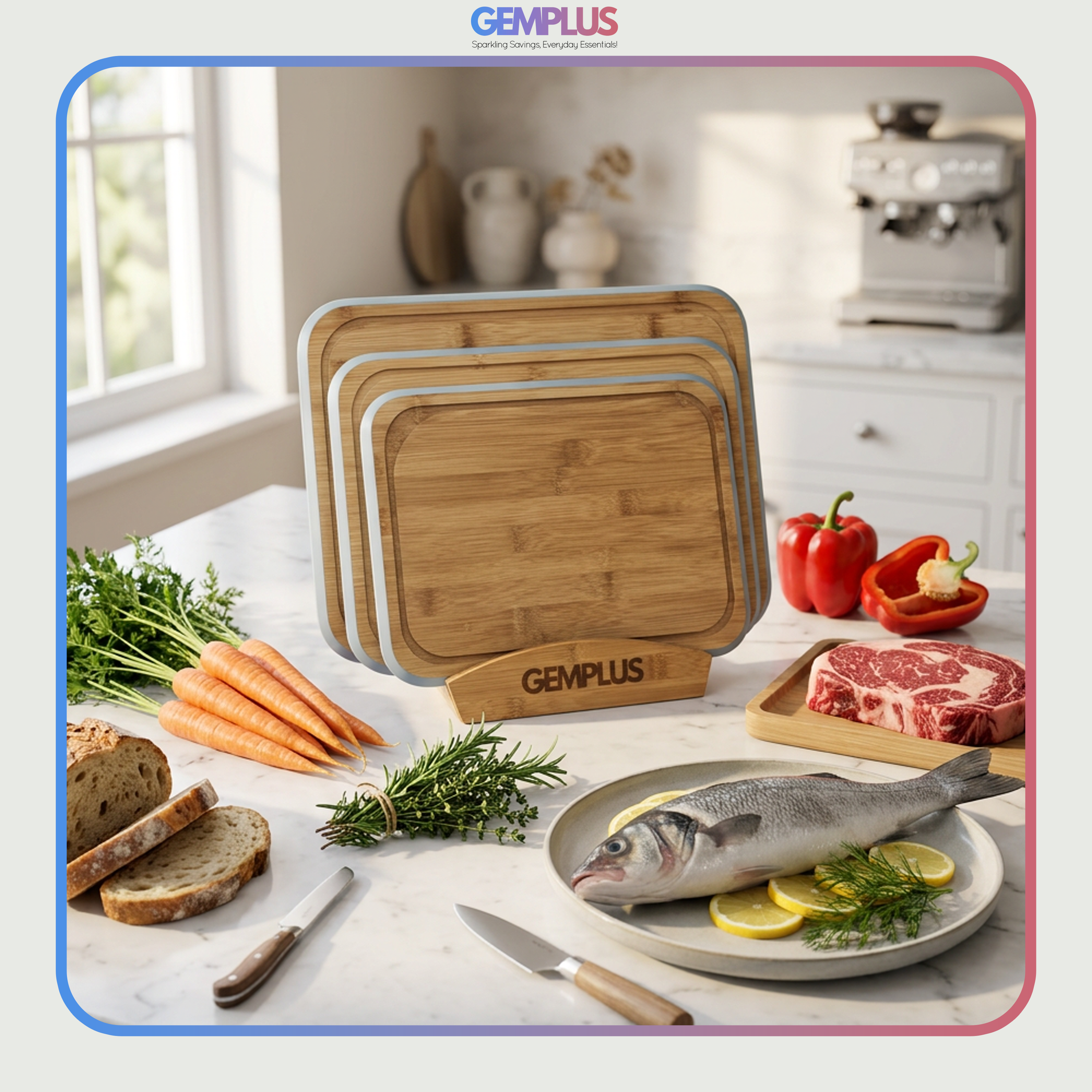 GEM+ | Bamboo Chopping Boards Set with Stand Blue Trim – 3 Piece Wooden Kitchen Cutting Board Set