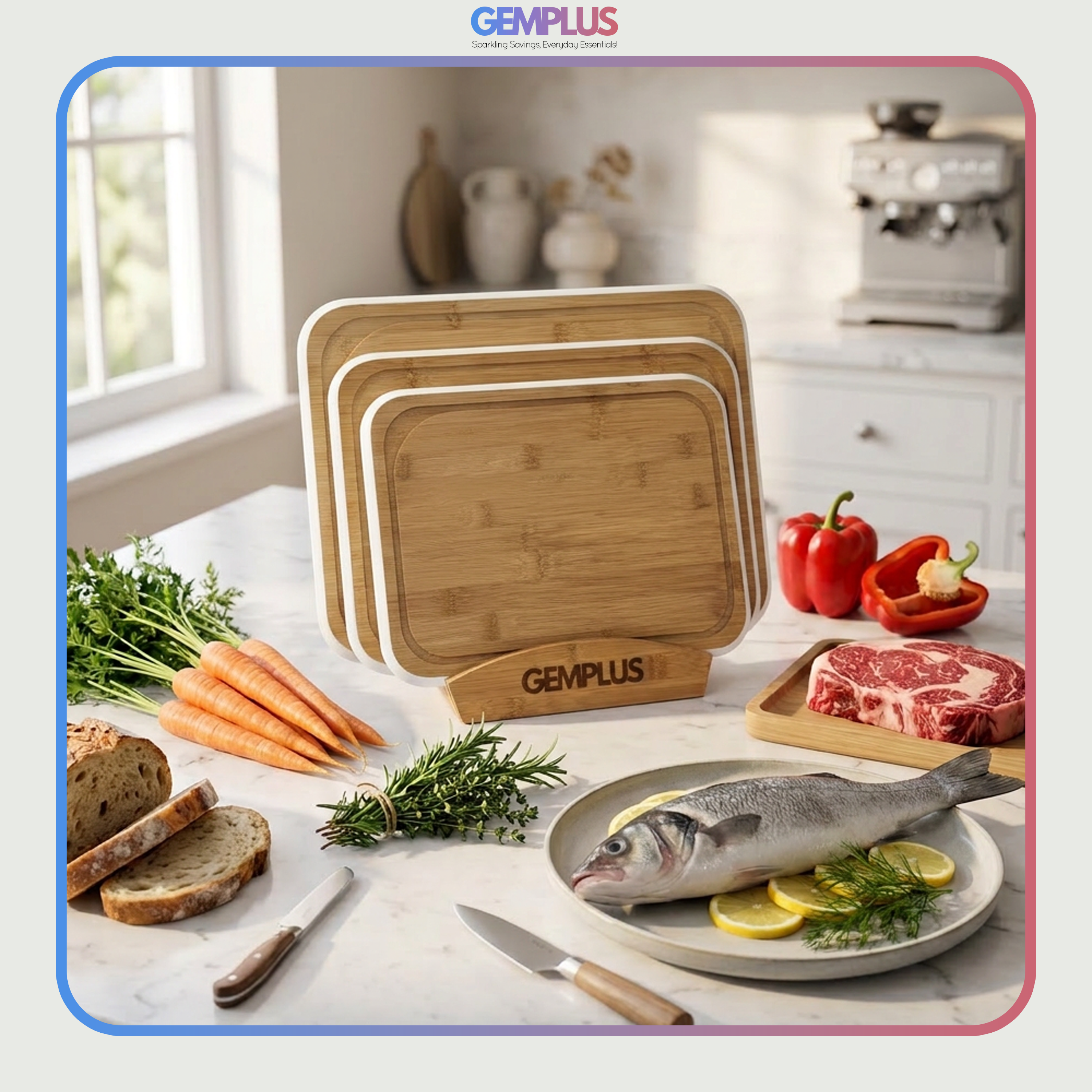 GEM+ | Bamboo Chopping Boards Set with Stand White Trim – 3 Piece Wooden Kitchen Cutting Board Set