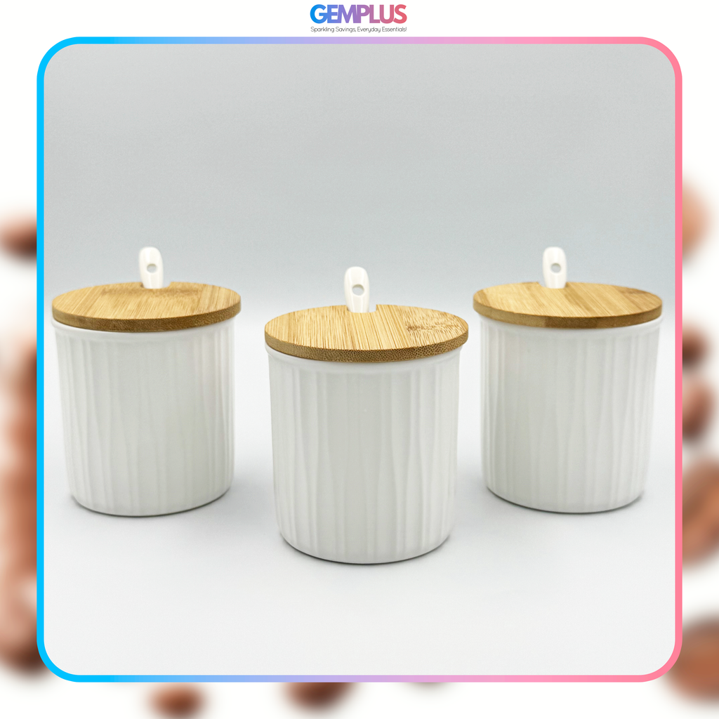 GEM+ | Ceramic Storage Jars Set of 3 White – Kitchen Canisters with Bamboo Lids, Spoons & Tray