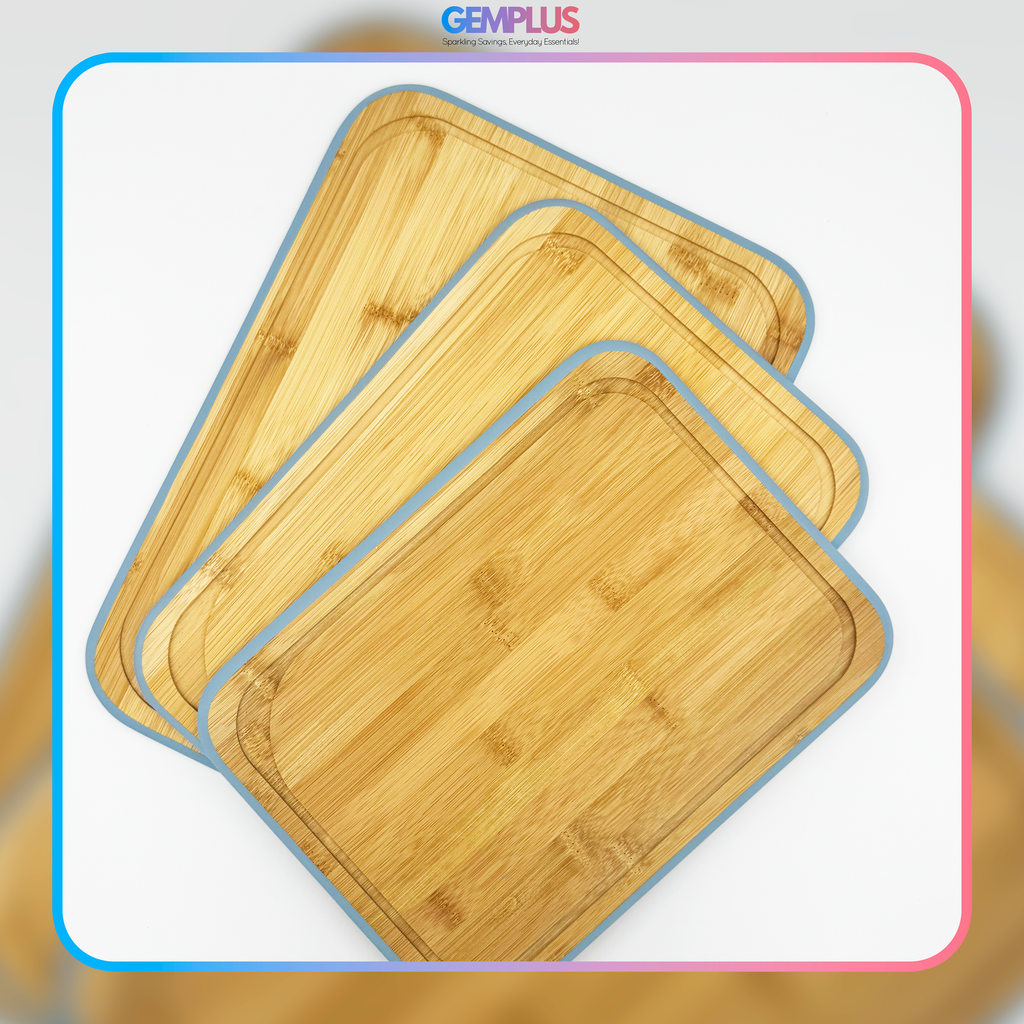 GEM+ | Bamboo Chopping Boards Set with Stand Blue Trim – 3 Piece Wooden Kitchen Cutting Board Set