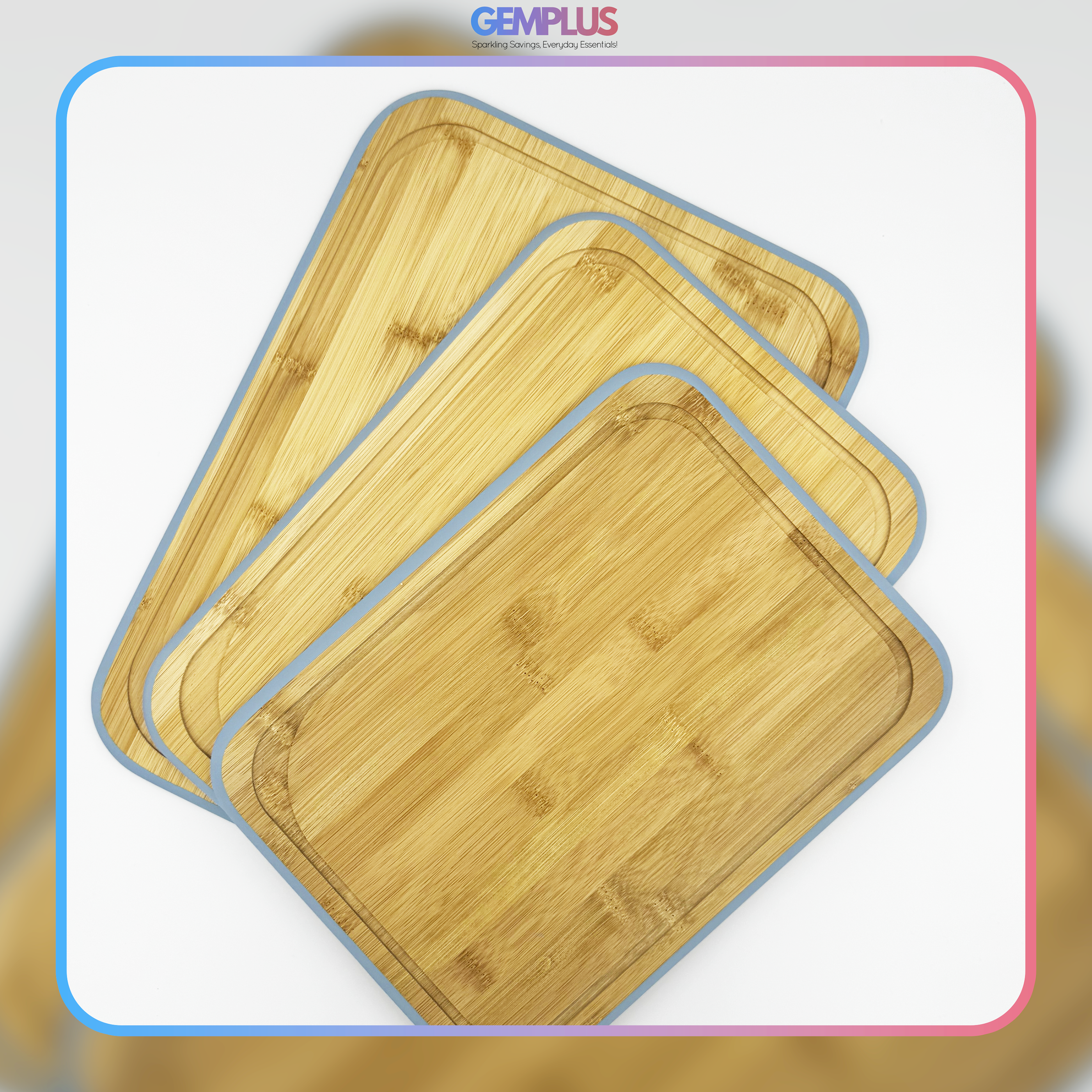 GEM+ | Bamboo Chopping Boards Set with Stand Blue Trim – 3 Piece Wooden Kitchen Cutting Board Set