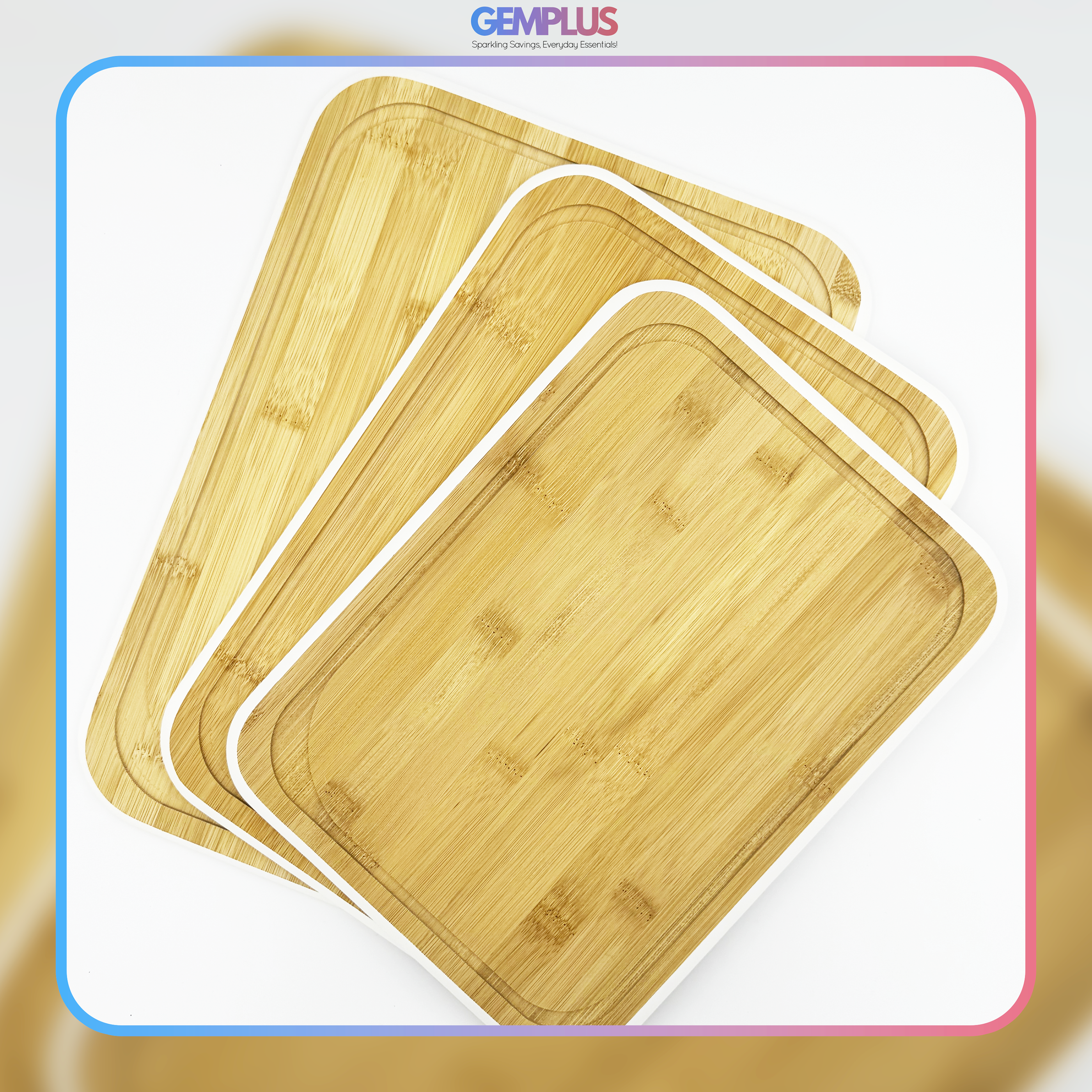 GEM+ | Bamboo Chopping Boards Set with Stand White Trim – 3 Piece Wooden Kitchen Cutting Board Set