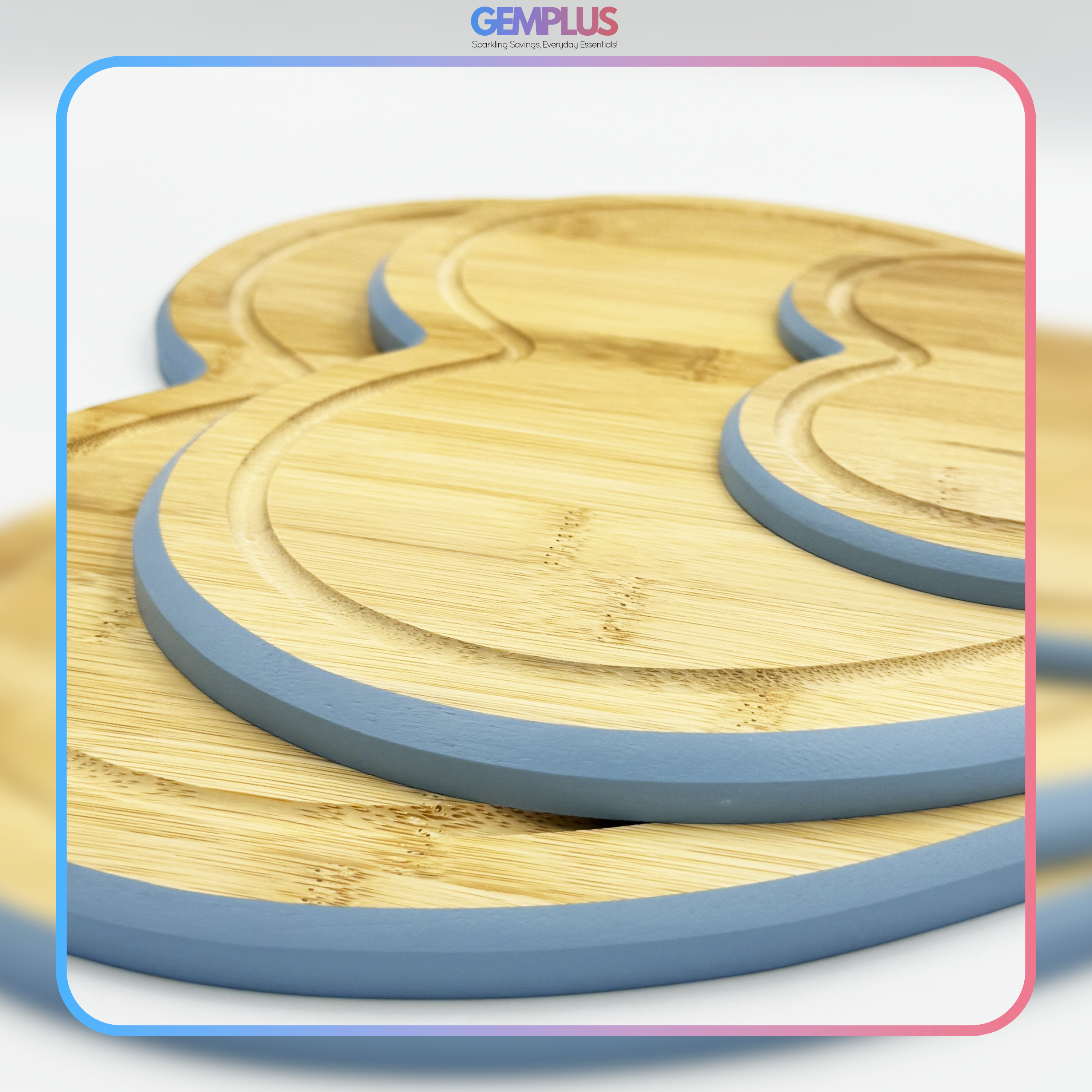 GEM+ | Heart Shaped Bamboo Chopping Boards Set of 3 Blue Trim with Stand – Wooden Kitchen Boards