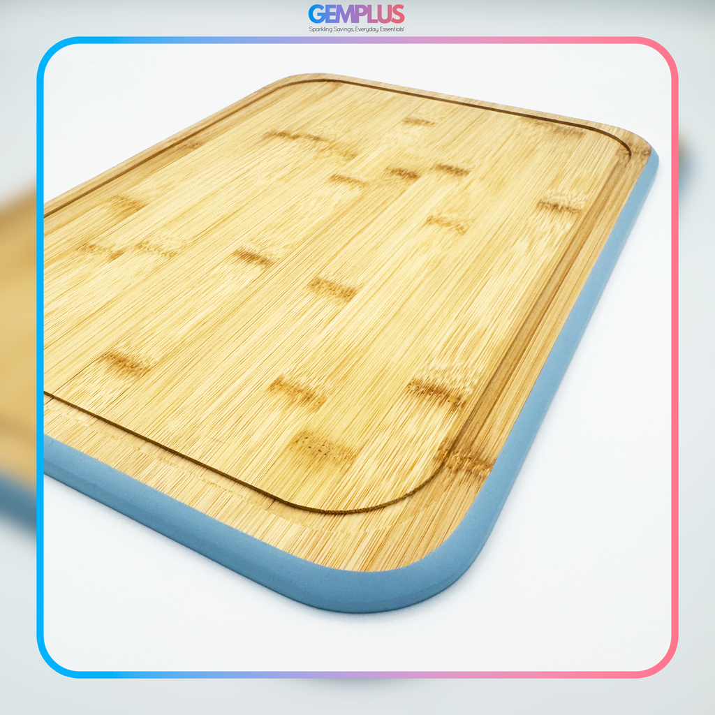 GEM+ | Bamboo Chopping Boards Set with Stand Blue Trim – 3 Piece Wooden Kitchen Cutting Board Set