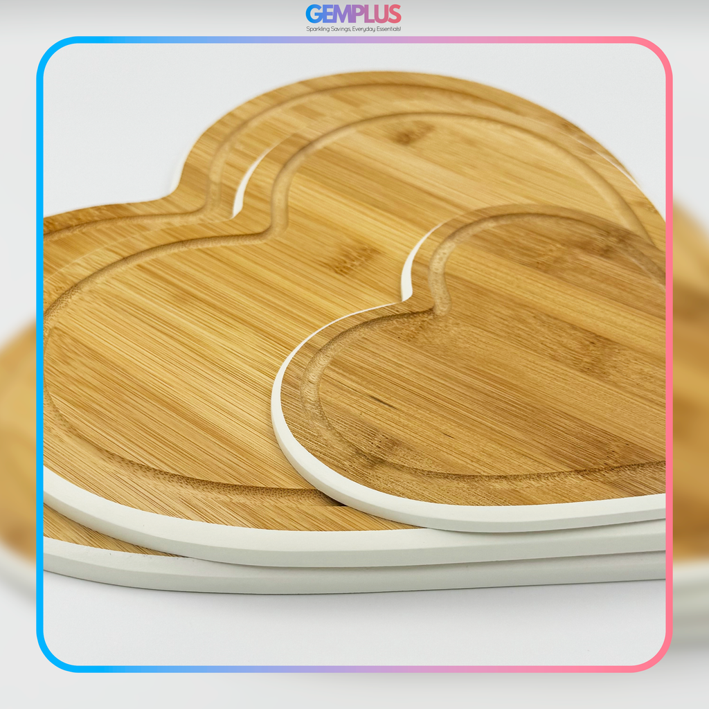 GEM+ | Heart Shaped Bamboo Chopping Boards Set of 3 White Trim with Stand – Wooden Cutting Boards Set