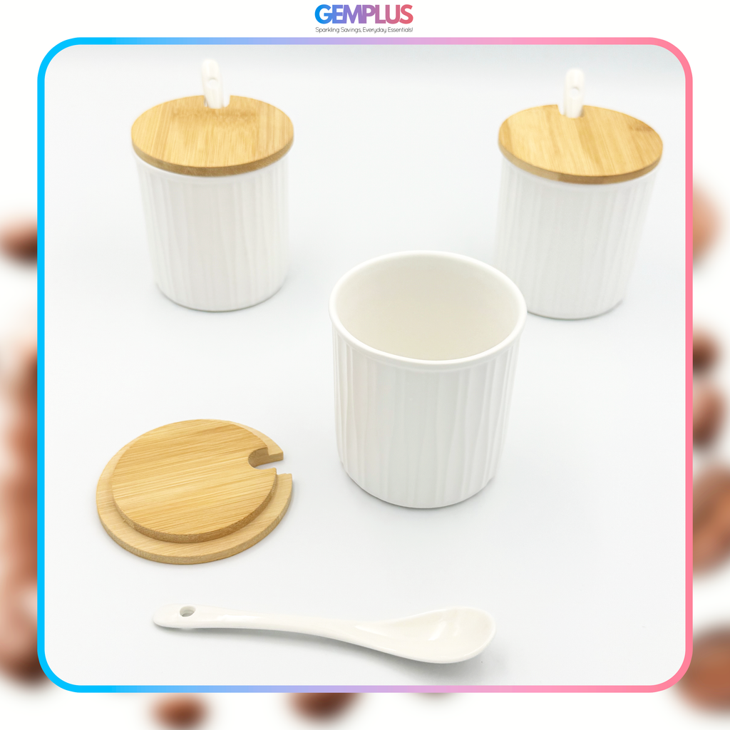 GEM+ | Ceramic Storage Jars Set of 3 White – Kitchen Canisters with Bamboo Lids, Spoons & Tray