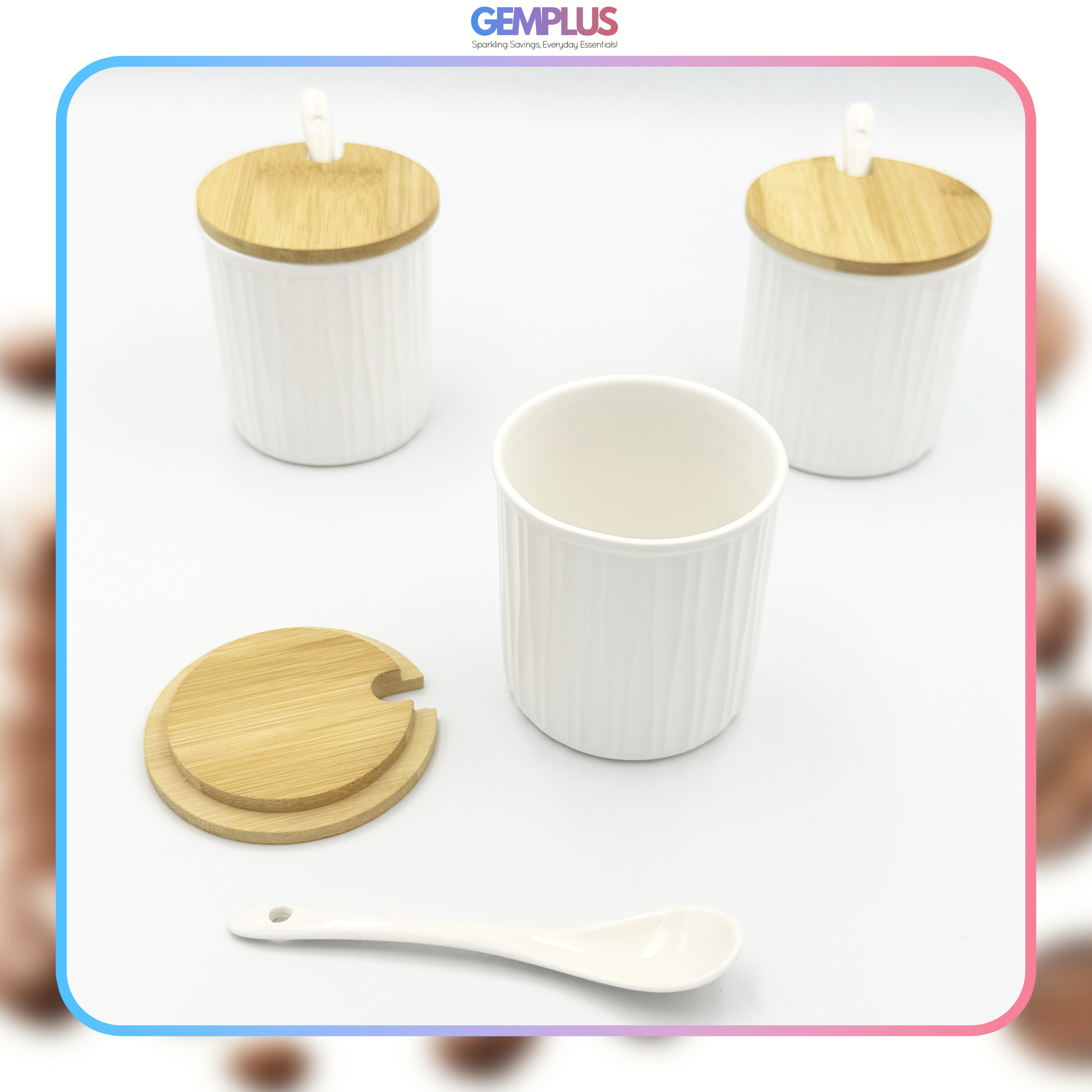 GEM+ | Ceramic Storage Jars Set of 3 White – Kitchen Canisters with Bamboo Lids, Spoons & Tray