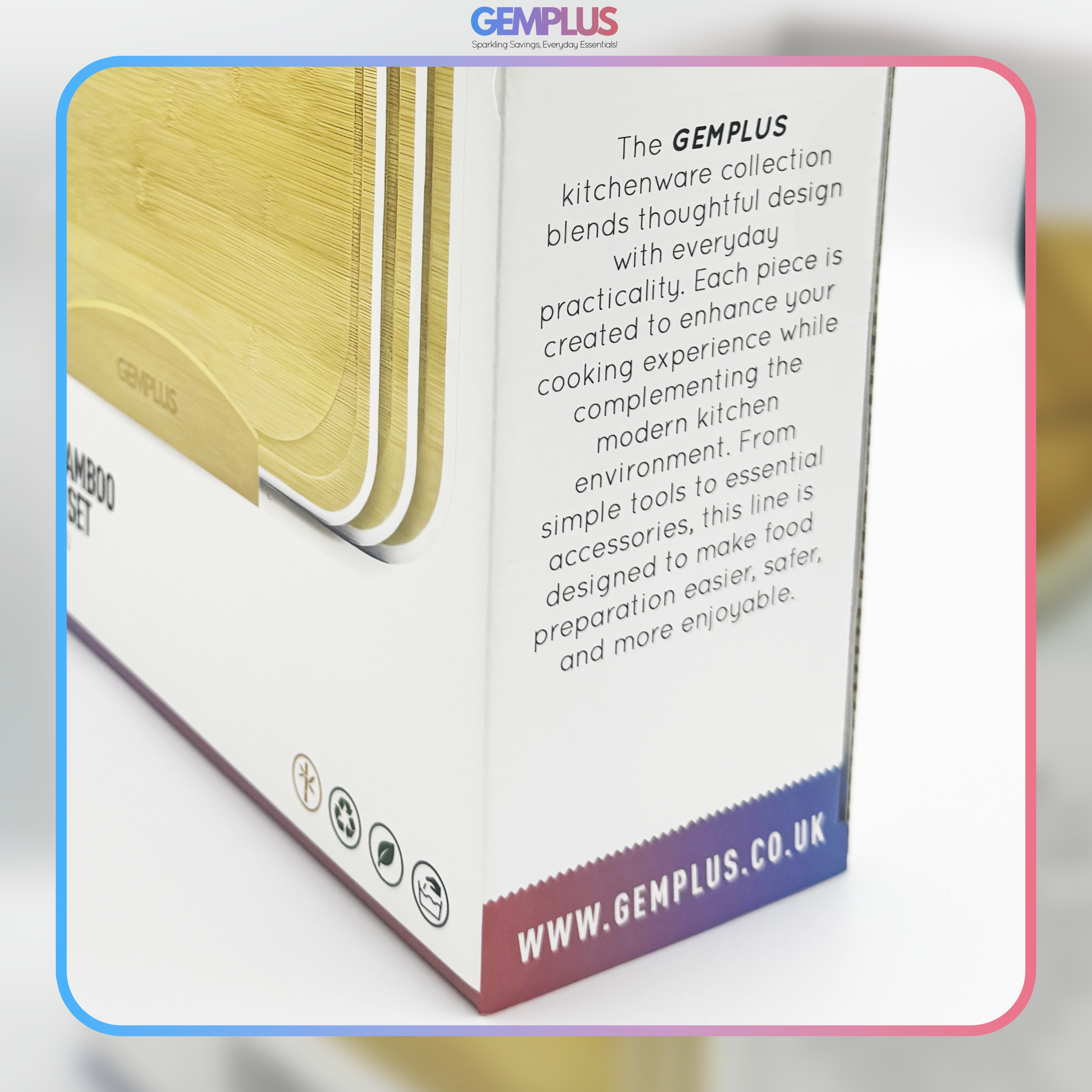 GEM+ | Bamboo Chopping Boards Set with Stand White Trim – 3 Piece Wooden Kitchen Cutting Board Set