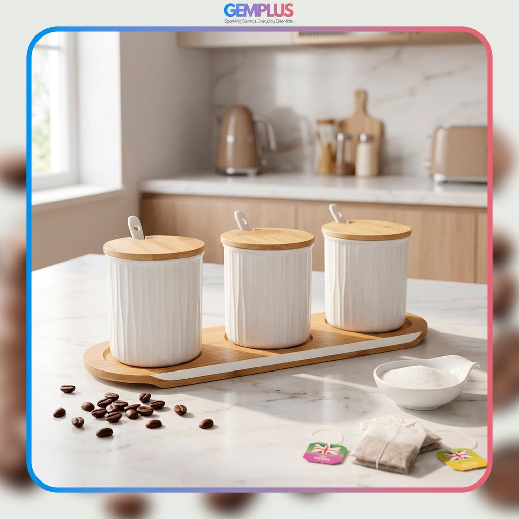GEM+ | Ceramic Storage Jars Set of 3 White – Kitchen Canisters with Bamboo Lids, Spoons & Tray