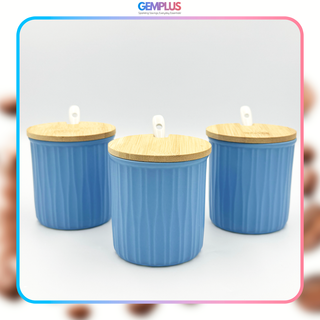 GEM+ | Ceramic Storage Jars Set of 3 Blue – Kitchen Canisters with Bamboo Lids, Spoons & Tray