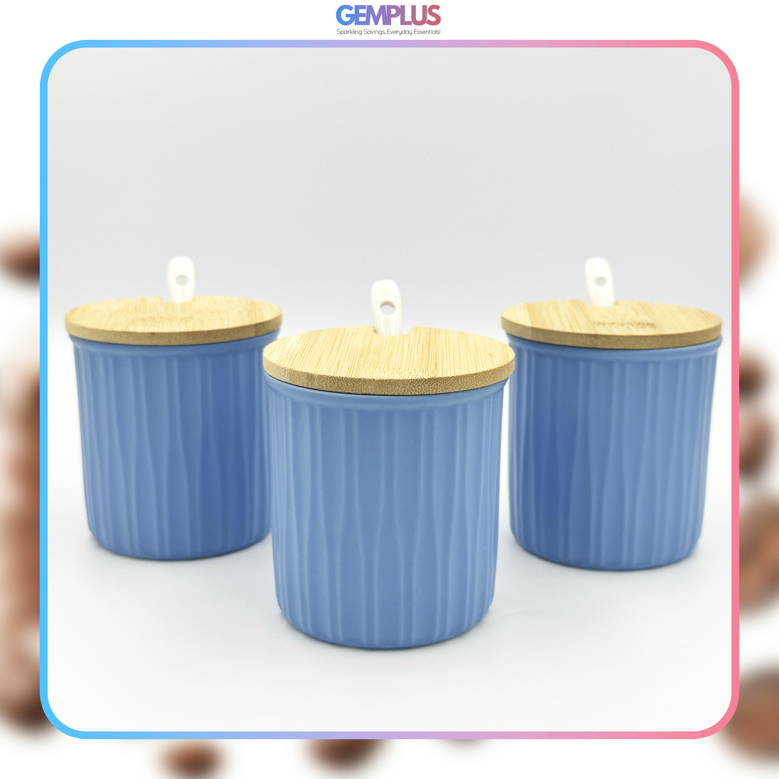 GEM+ | Ceramic Storage Jars Set of 3 Blue – Kitchen Canisters with Bamboo Lids, Spoons & Tray