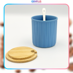 GEM+ | Ceramic Storage Jars Set of 3 Blue – Kitchen Canisters with Bamboo Lids, Spoons & Tray