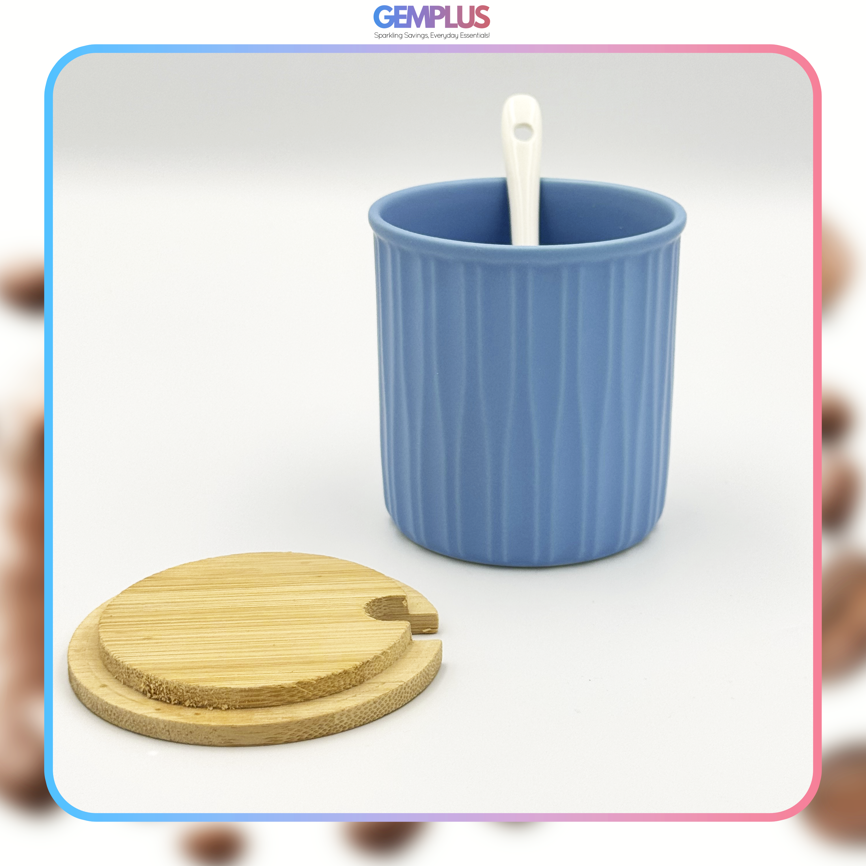 GEM+ | Ceramic Storage Jars Set of 3 Blue – Kitchen Canisters with Bamboo Lids, Spoons & Tray