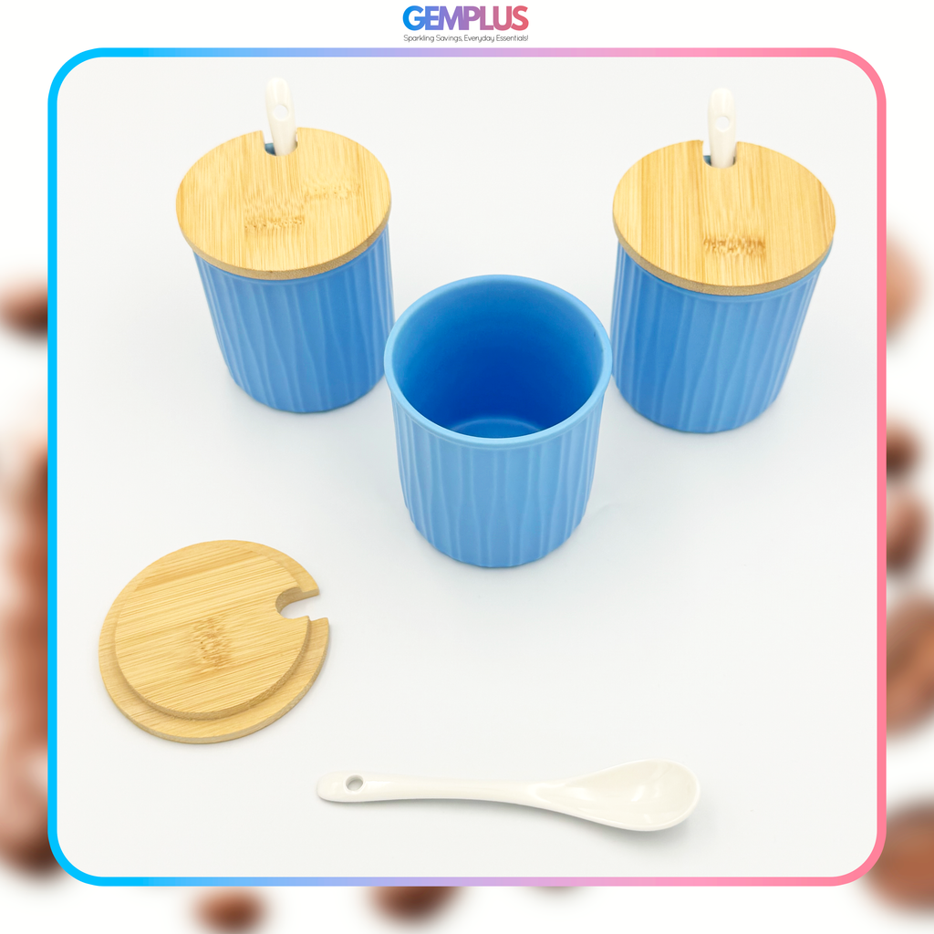 GEM+ | Ceramic Storage Jars Set of 3 Blue – Kitchen Canisters with Bamboo Lids, Spoons & Tray