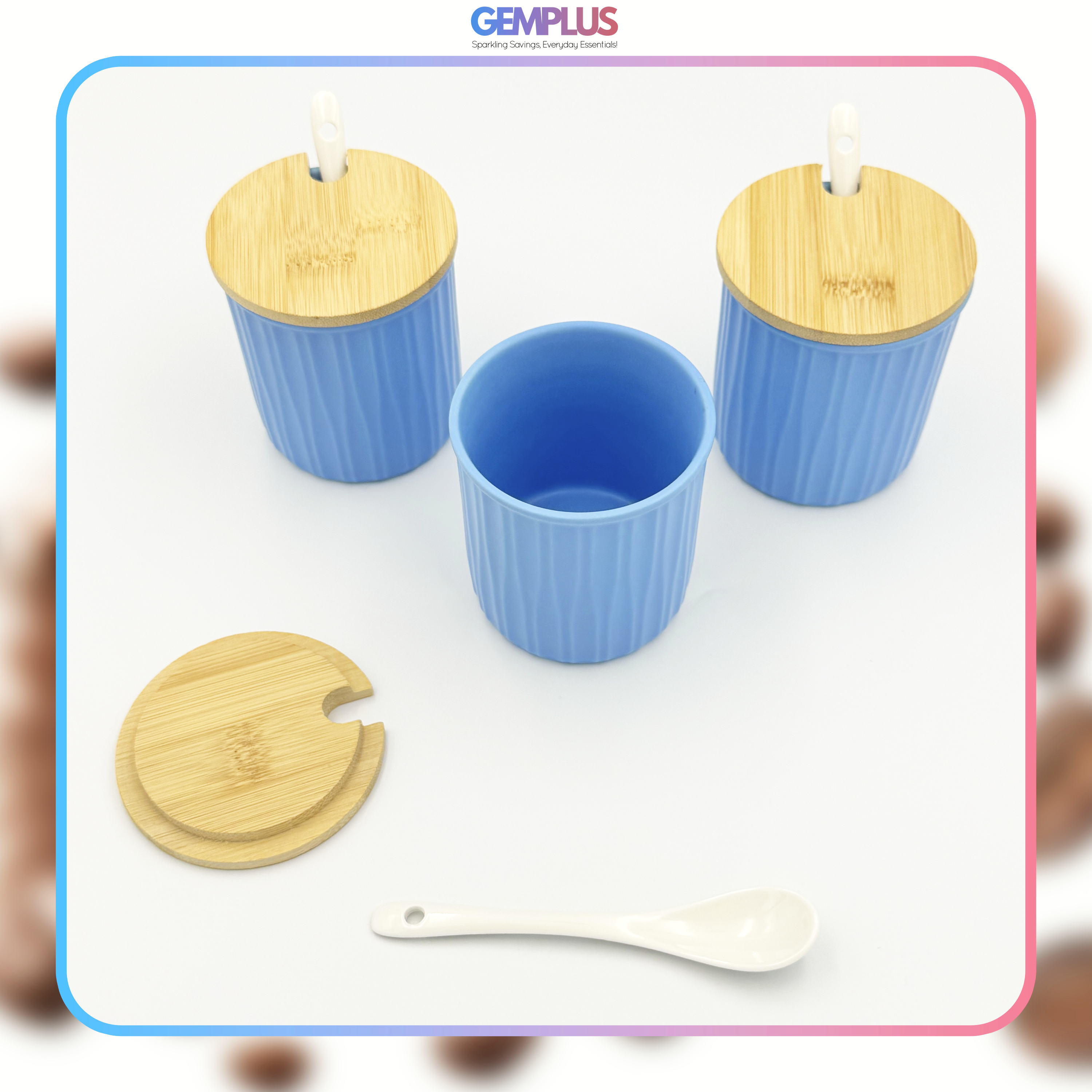 GEM+ | Ceramic Storage Jars Set of 3 Blue – Kitchen Canisters with Bamboo Lids, Spoons & Tray
