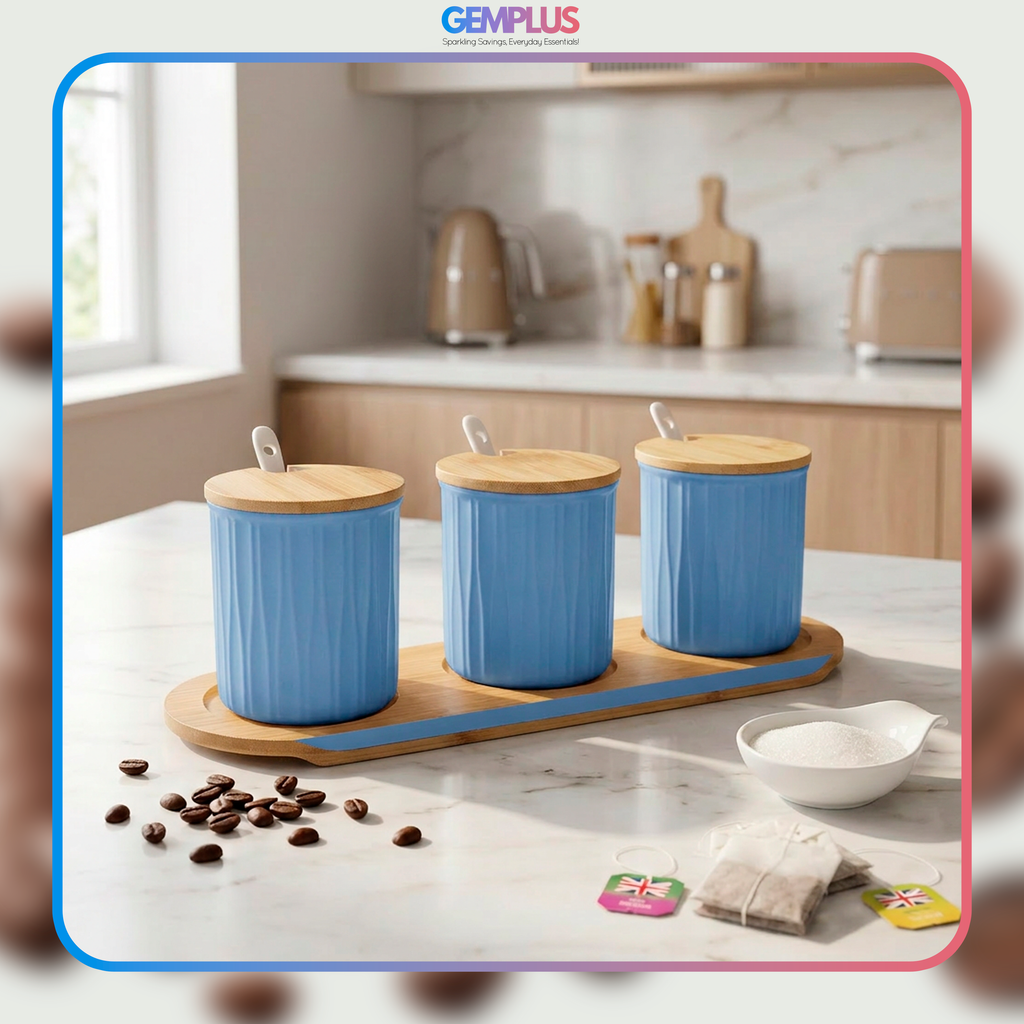 GEM+ | Ceramic Storage Jars Set of 3 Blue – Kitchen Canisters with Bamboo Lids, Spoons & Tray