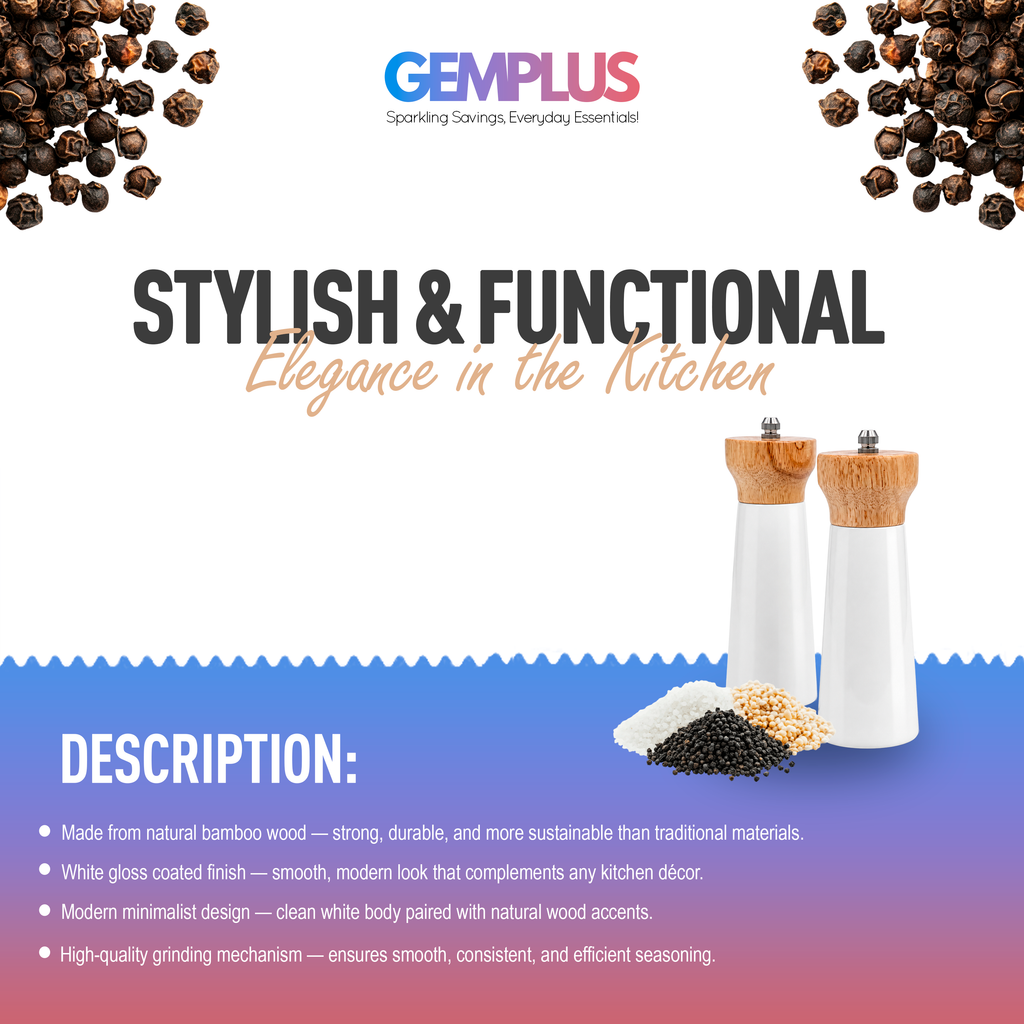 GEM+ | Bamboo Wood Salt and Pepper Grinder Set (2 Pieces)