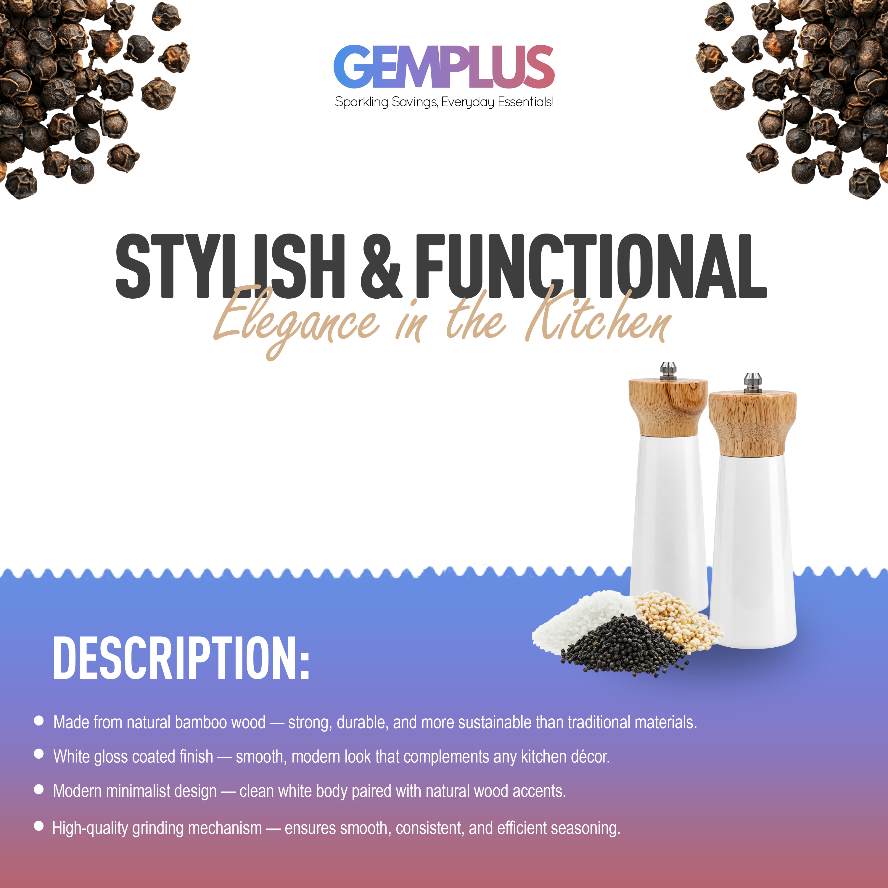 GEM+ | Bamboo Wood Salt and Pepper Grinder Set (2 Pieces)