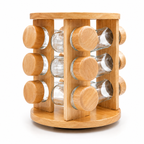 GEM+ | 12pcs Premium Wooden Spice Jar Set with Rotating Carousel Stand - Elegant