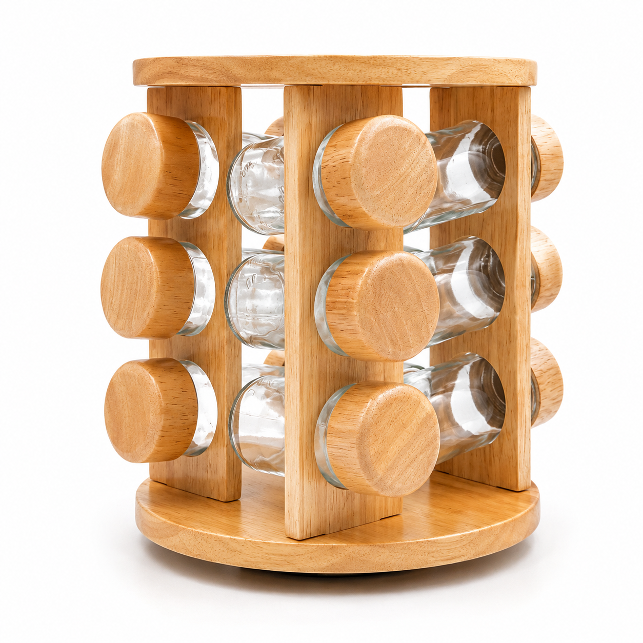 GEM+ | 12pcs Premium Wooden Spice Jar Set with Rotating Carousel Stand - Elegant