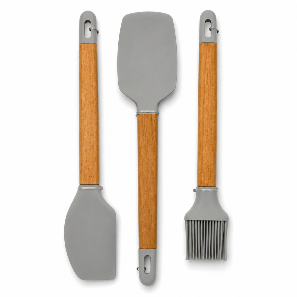GEM+ | Premium Wooden/Silicone Utensil Set - 3 Piece Spatula Spoonula and Brush