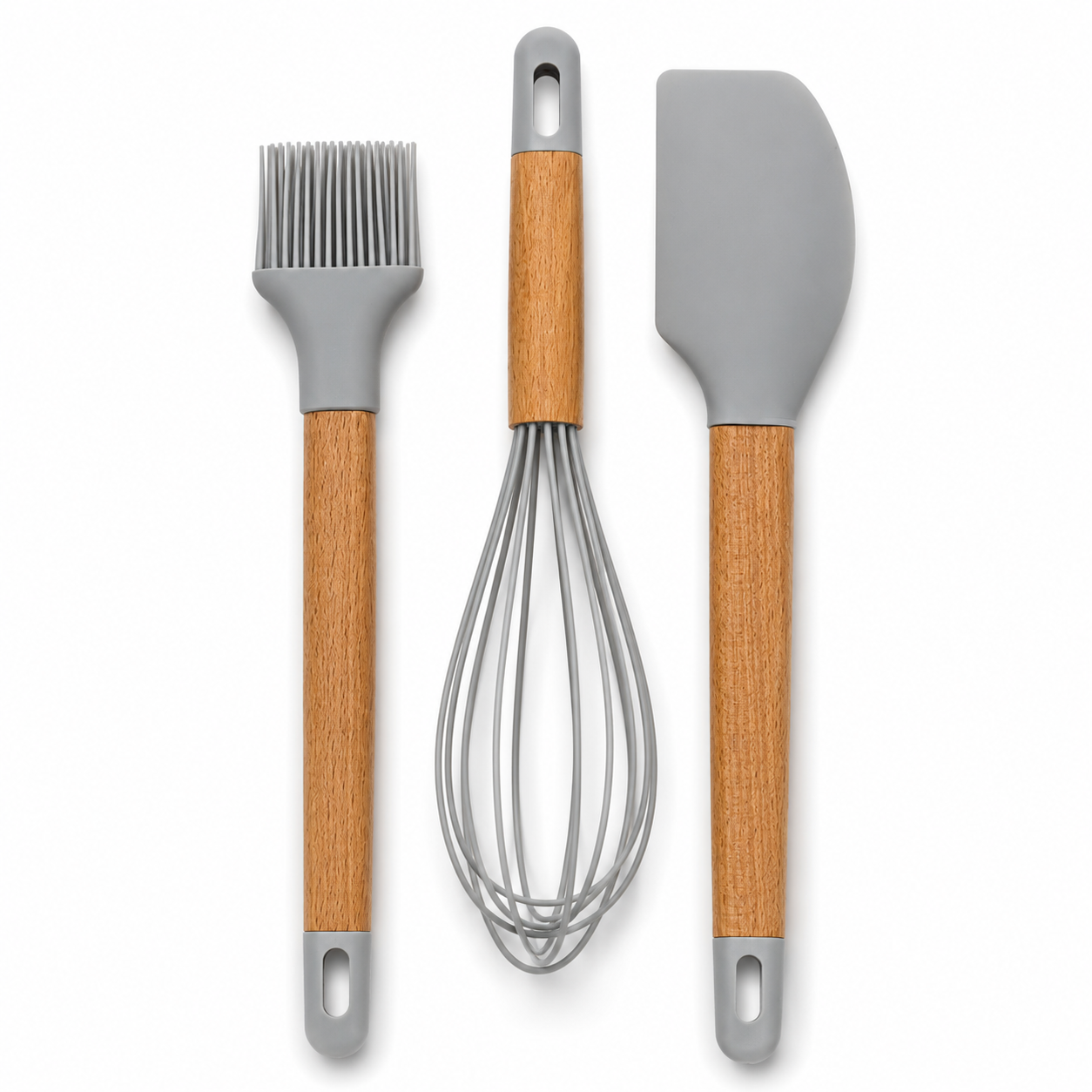GEM+ | Premium Wooden/Silicone Utensil Set - 3 Piece: Spatula, Whisk, and Brush