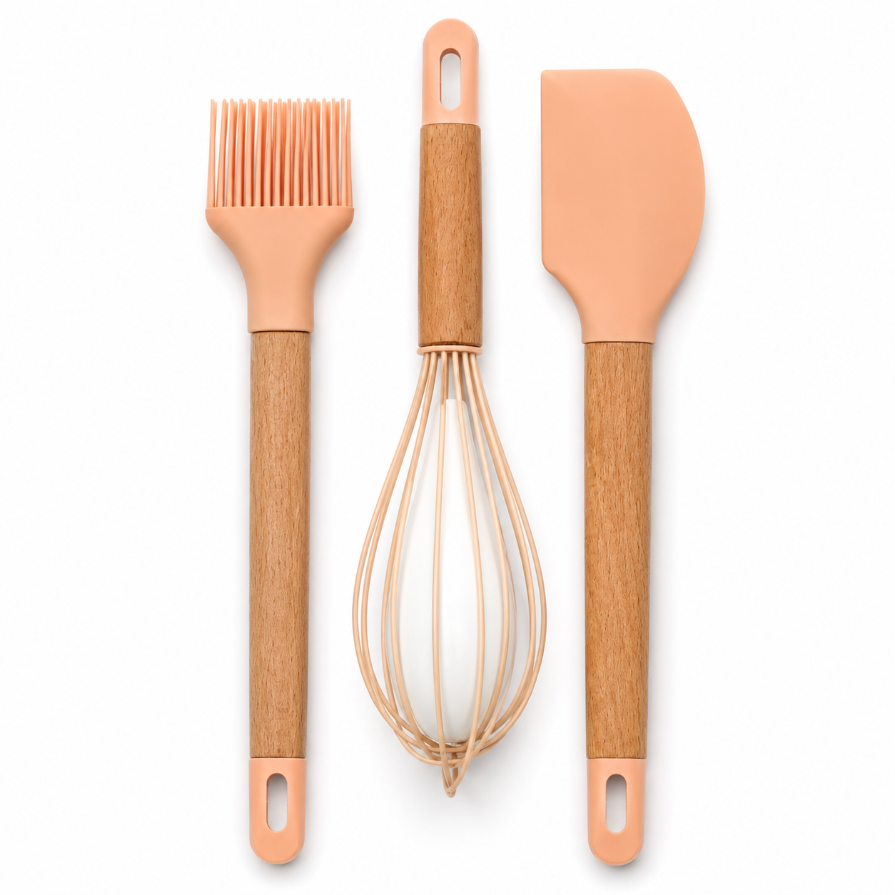 GEM+ | Premium Wooden/Silicone Utensil Set - 3 Piece: Spatula, Whisk, and Brush