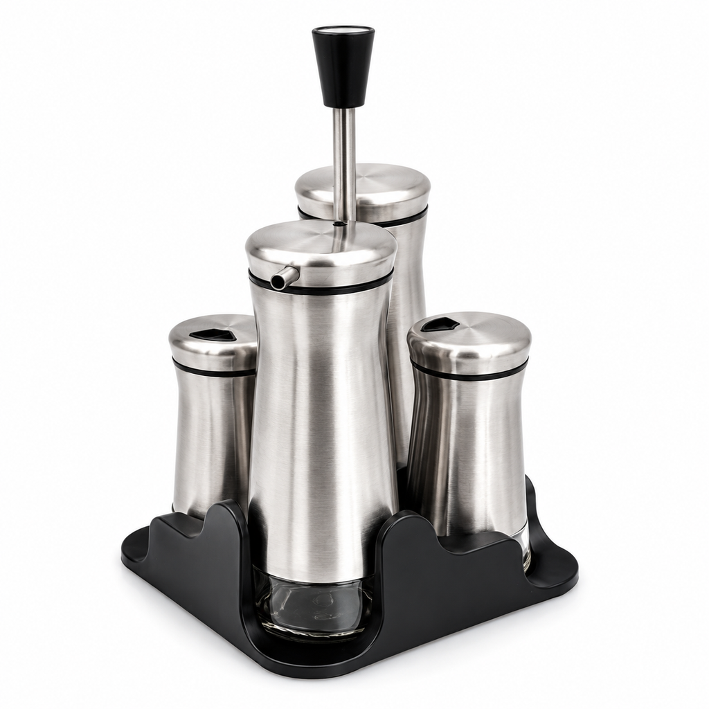 GEM+ | Premium Stainless Steel Oil Vinegar Salt Pepper Dispenser  - 4pcs + Stand