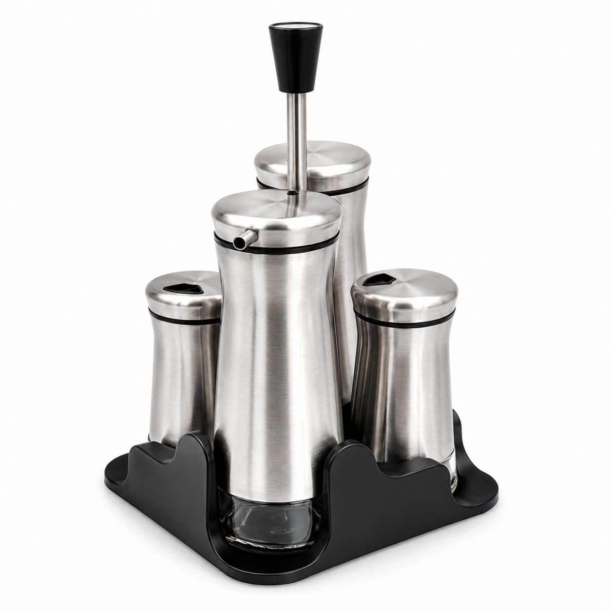 GEM+ | Premium Stainless Steel Oil Vinegar Salt Pepper Dispenser  - 4pcs + Stand