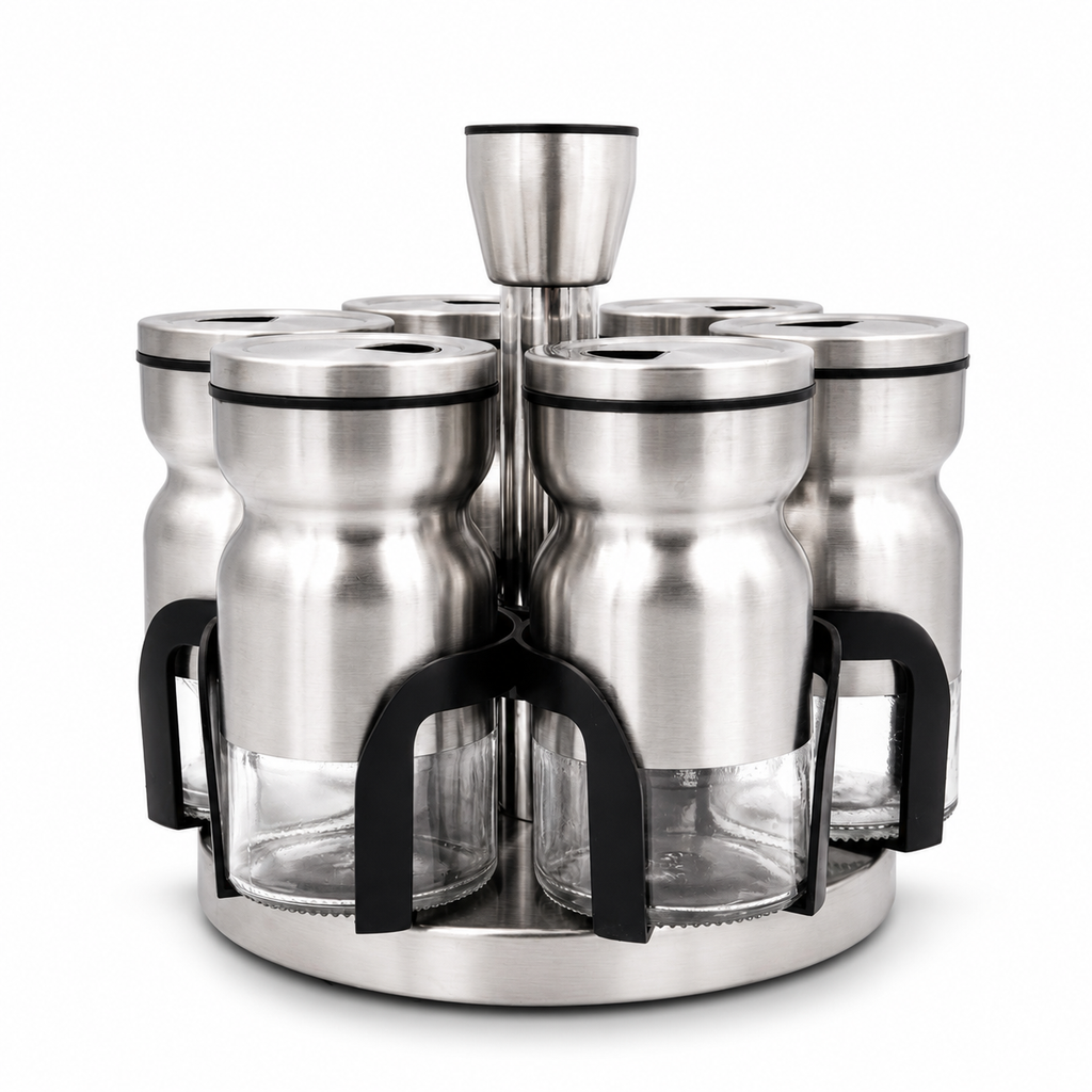 GEM+ | Premium Stainless Steel 6pcs Spice Jar Rotating Carousel Stand Elegant