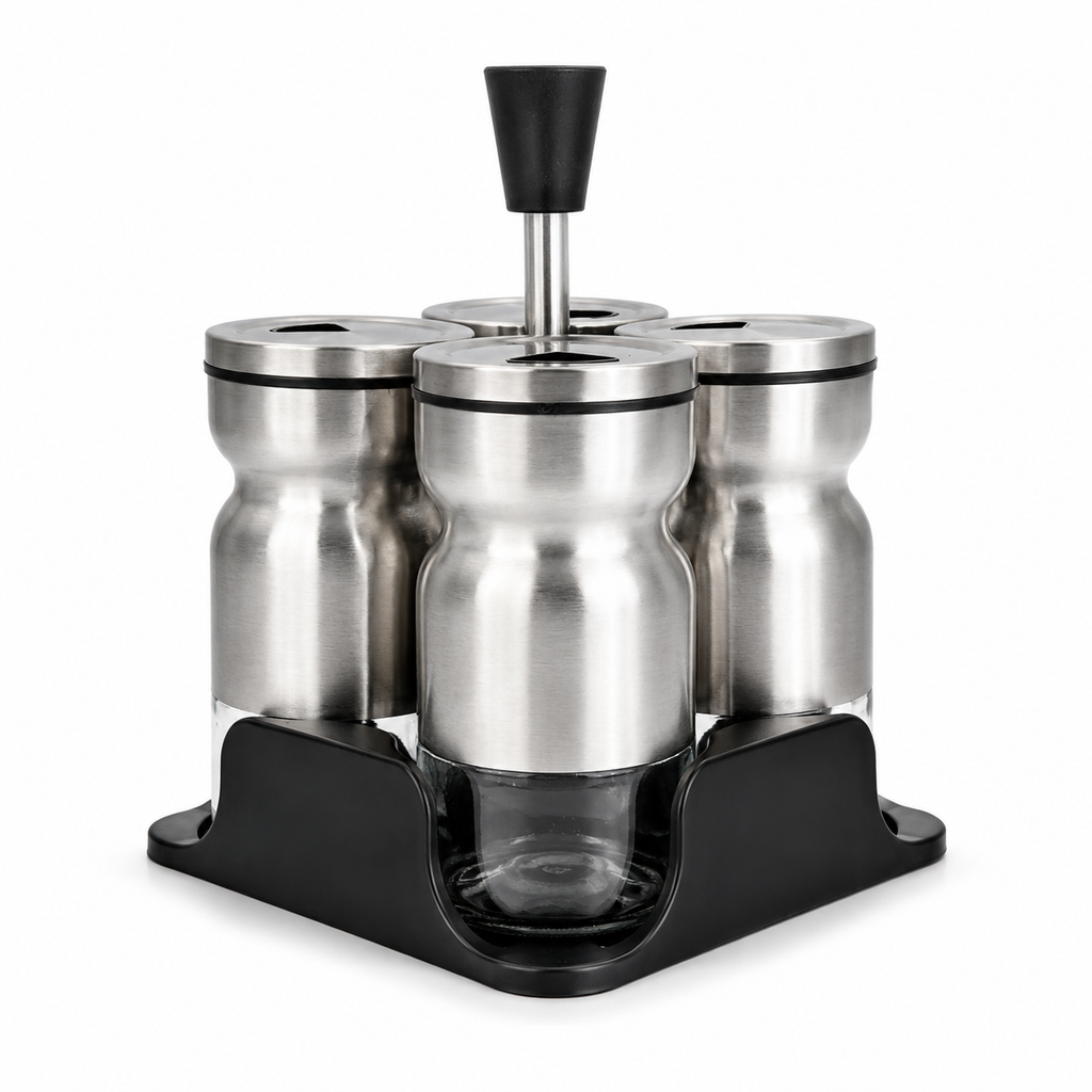 GEM+ | Premium Stainless Steel Salt Pepper Spices Dispenser Set - 4pcs + Stand
