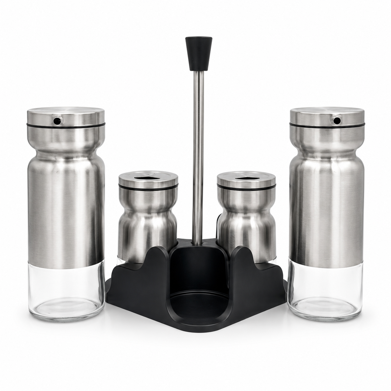 GEM+ | Premium Stainless Steel Oil Vinegar Salt Pepper Dispenser 4pcs + Stand