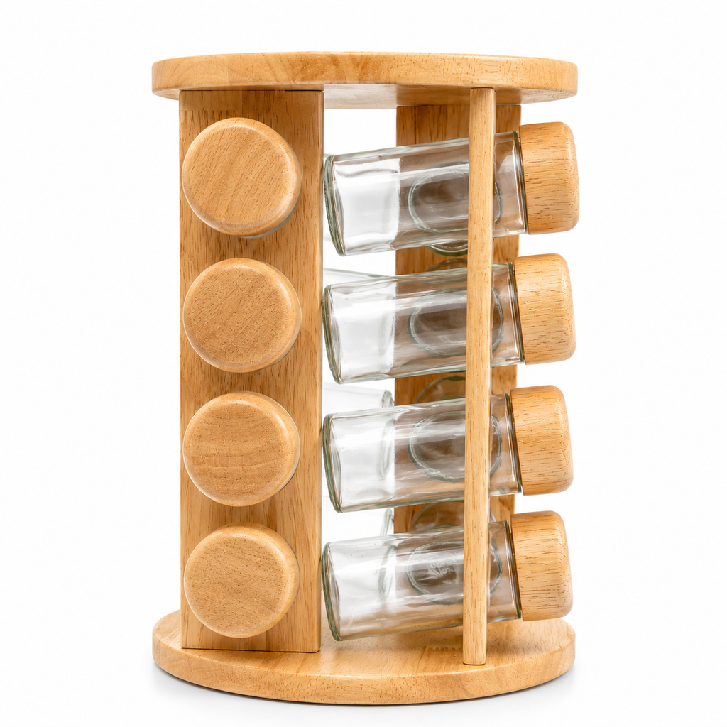 GEM+ | 16pcs Premium Wooden Spice Jar Set with Rotating Carousel Stand - Elegant