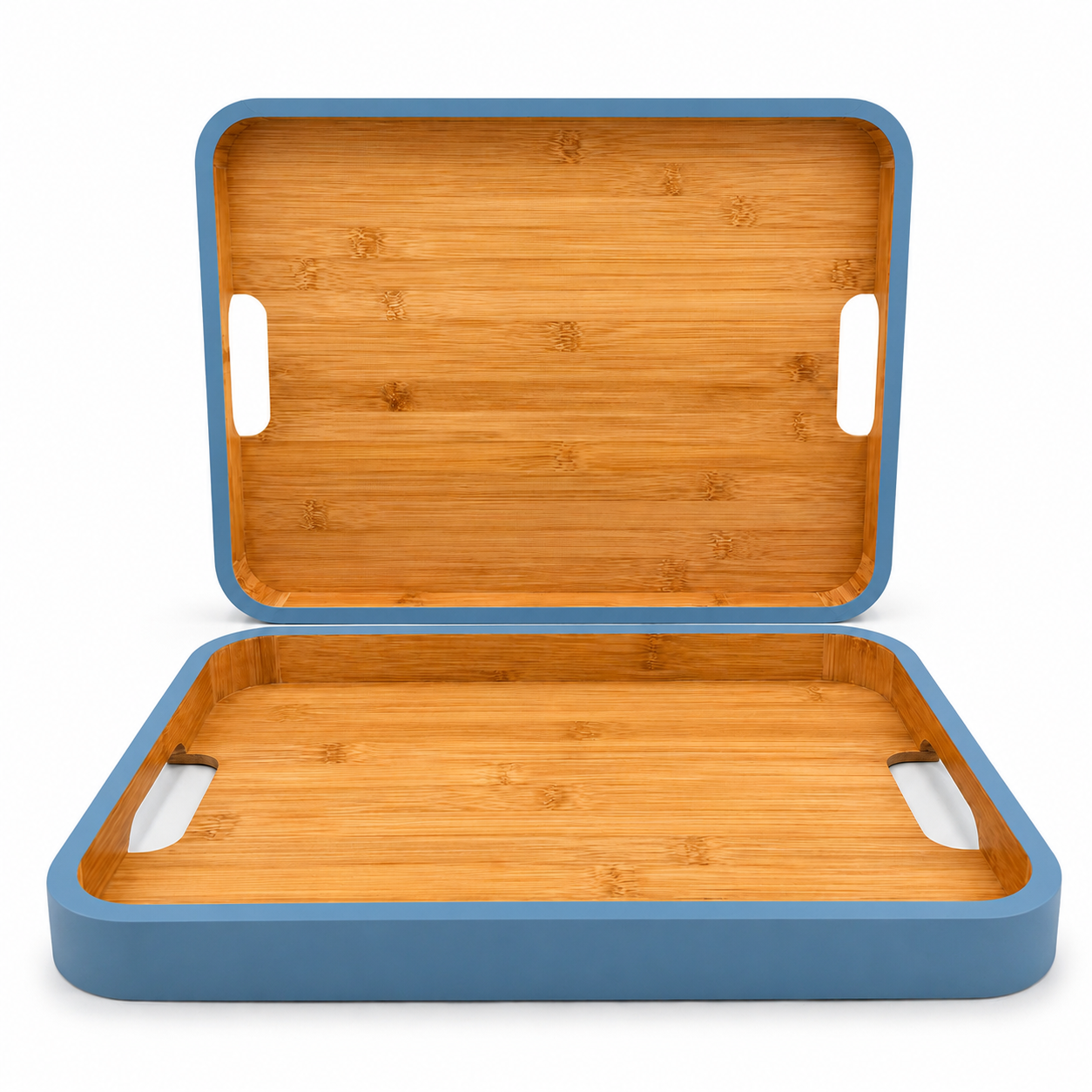 GEM+ | 2pcs Bamboo Serving Tray Set – Blue Trim | Nested Rectangular Trays | Eco-Friendly Kitchen