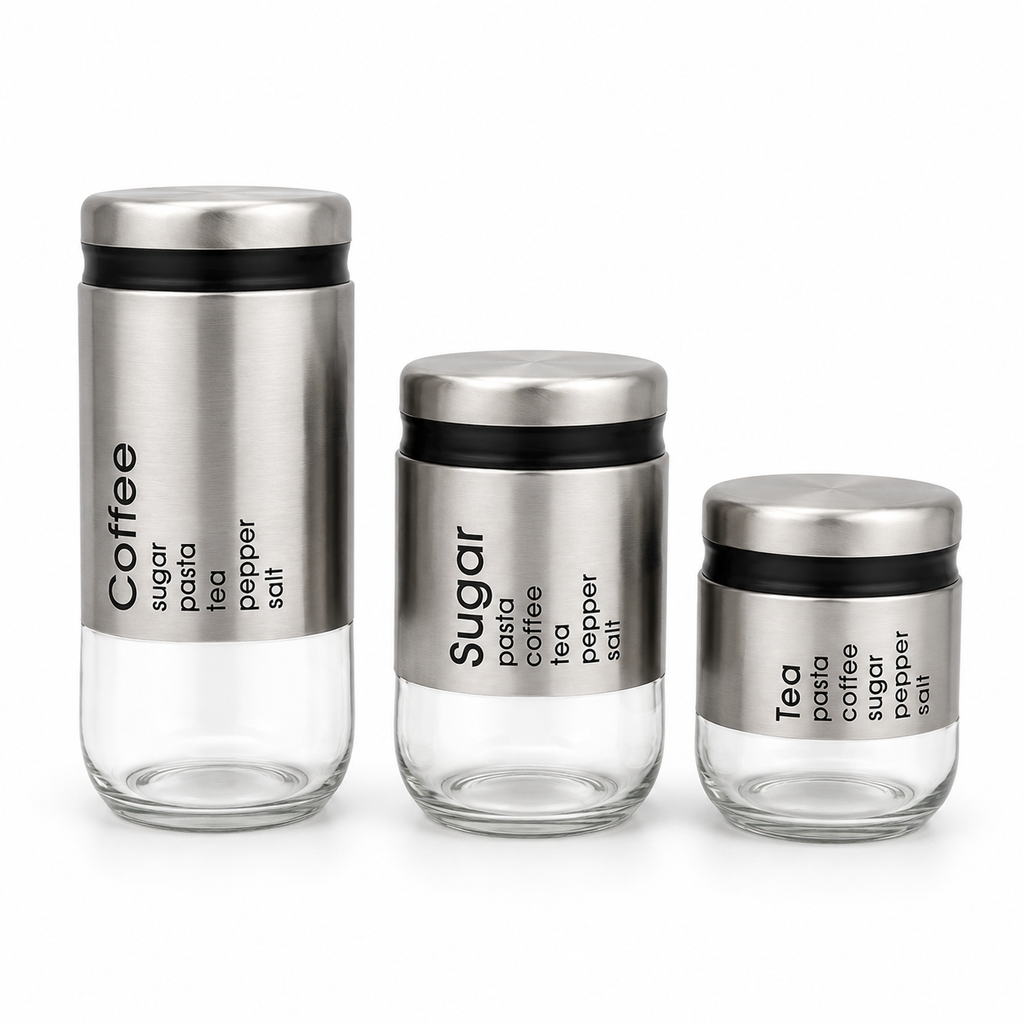 GEM+ | Silver 3pc Pre-Labelled Glass Kitchen Storage Jar Set