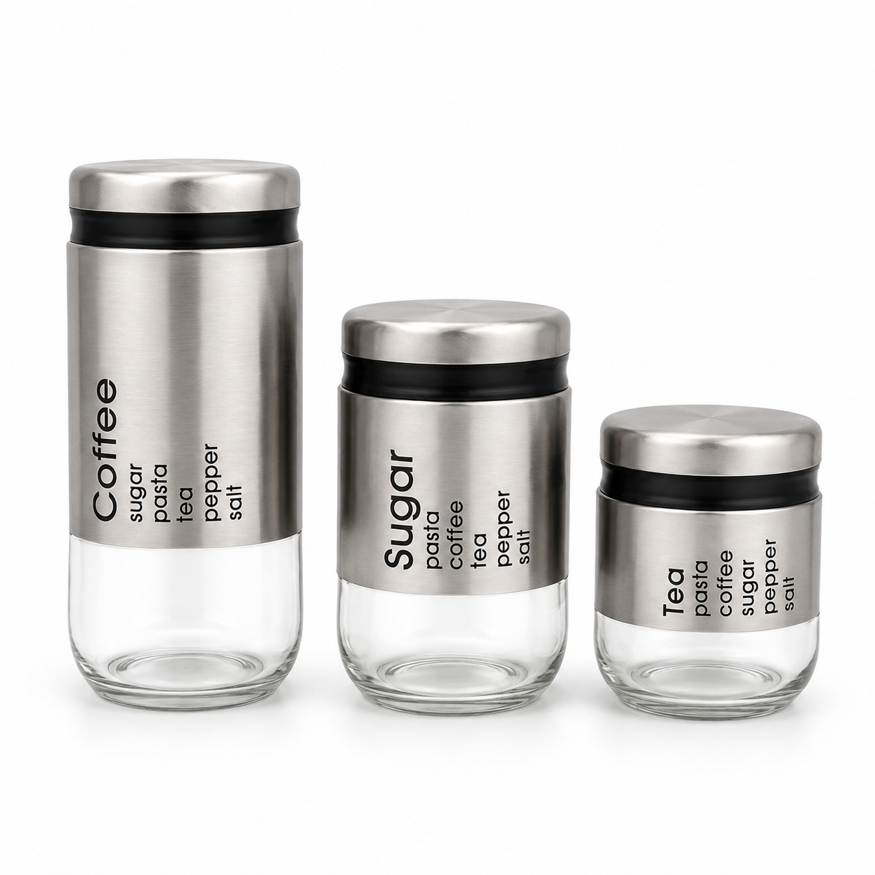 GEM+ | Silver 3pc Pre-Labelled Glass Kitchen Storage Jar Set