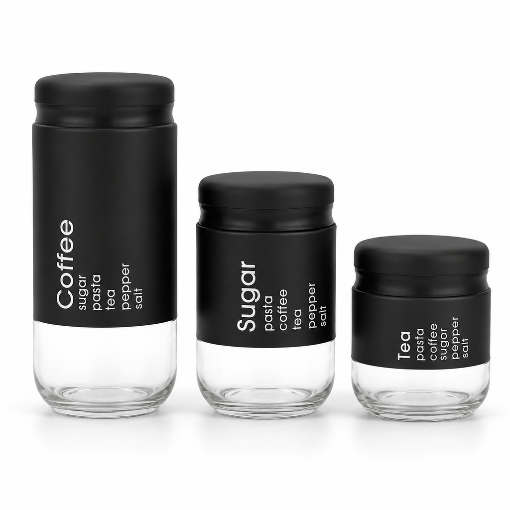 GEM+ | Black 3pc Pre-Labelled Glass Kitchen Storage Jar Set