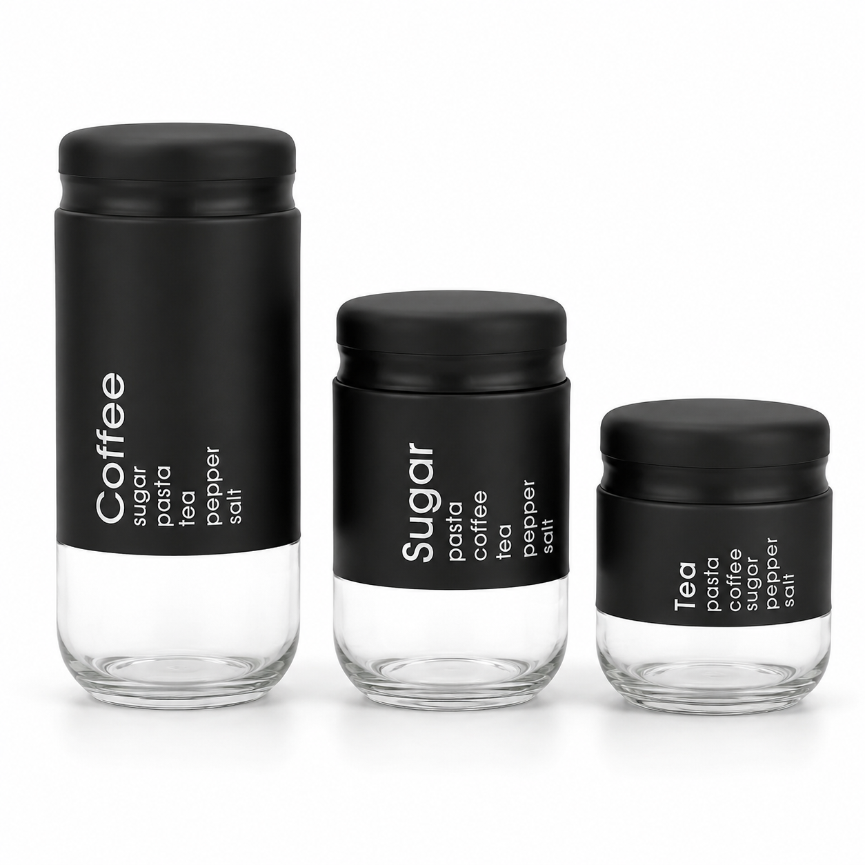 GEM+ | Black 3pc Pre-Labelled Glass Kitchen Storage Jar Set