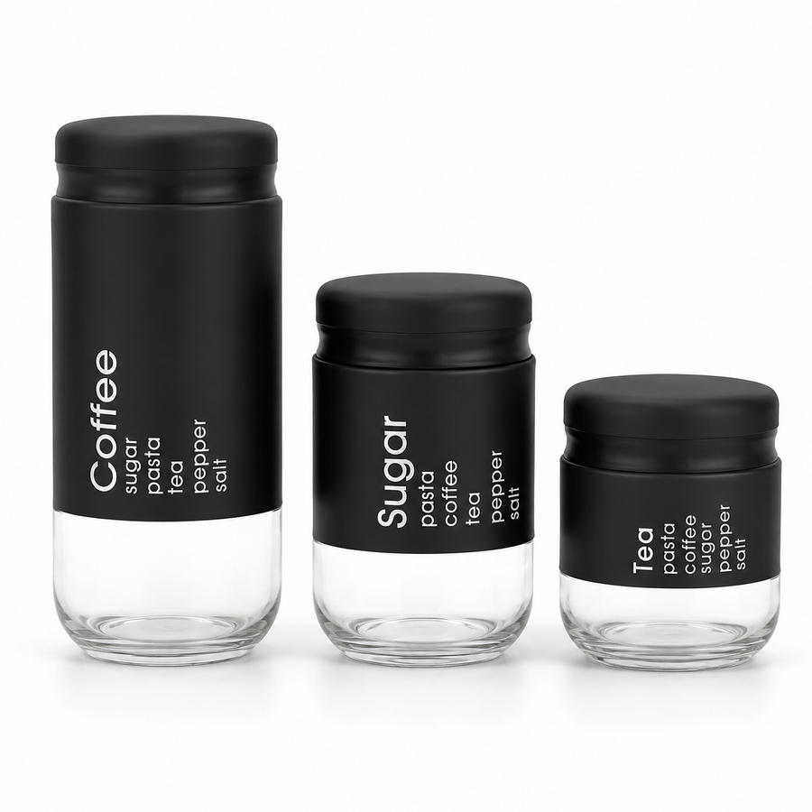 3 Pre-Labelled Glass Storage Jars, Black Lids