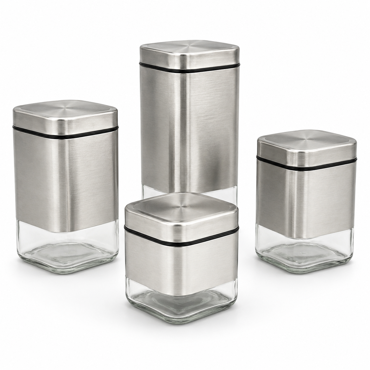 GEM+ | 4pc Glass Food Storage Jar Set with Lids – Airtight Stackable - Silver