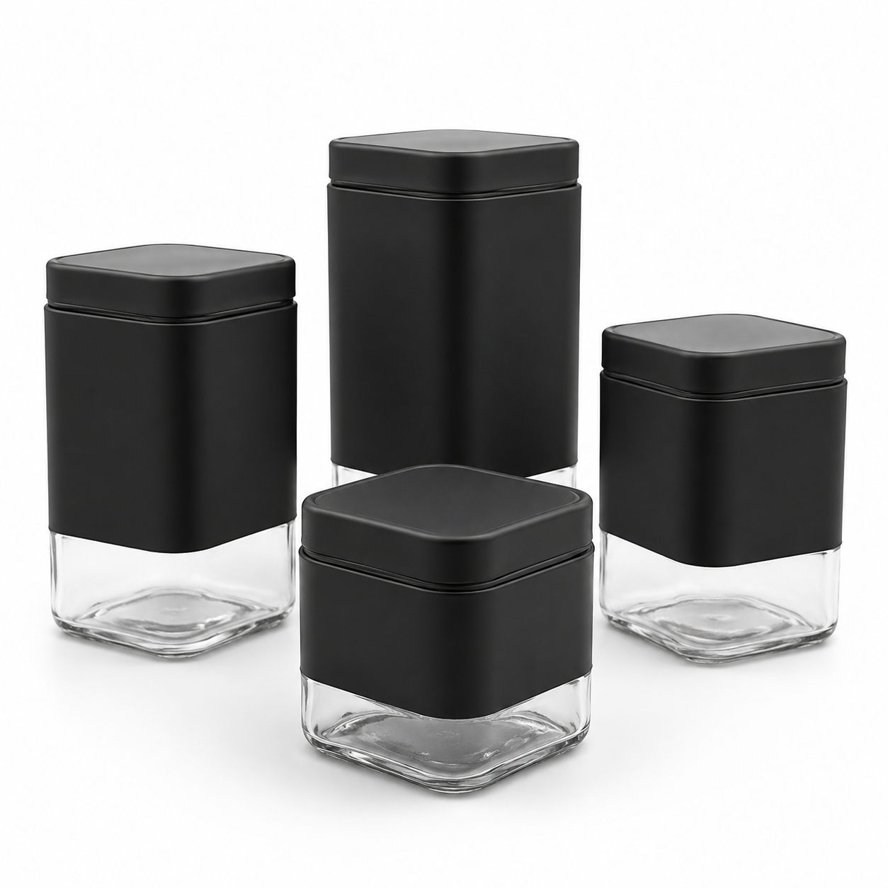 GEM+ | 4pc Glass Food Storage Jar Set with Lids – Airtight Stackable - Black