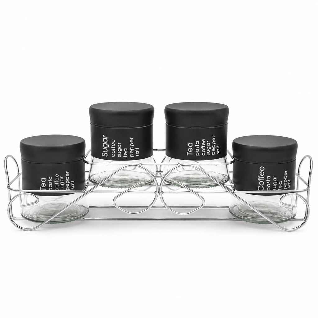 GEM+ | 5pc Glass Storage Jar Set with Black Lids – with Silver Stand