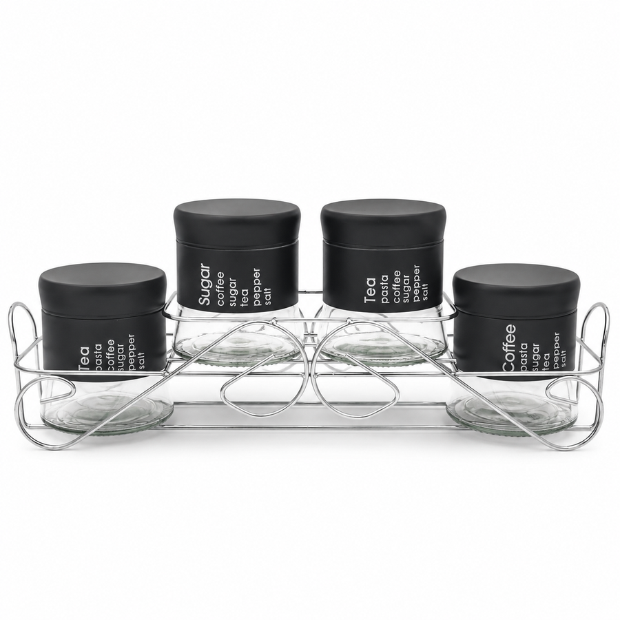 4 Glass Storage Jars with Stand, Black Lids
