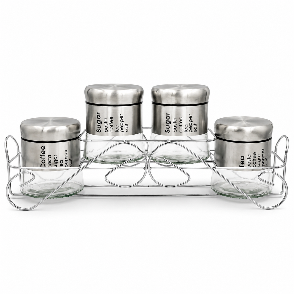 GEM+ | 5pc Glass Storage Jar Set with Silver Lids – with Silver Stand